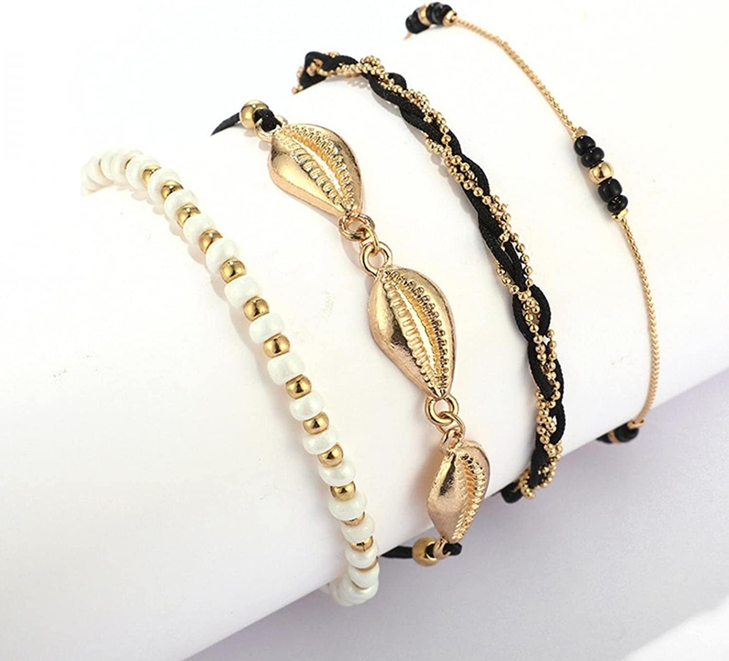 Bohemia Shell Charm Pendant Anklet Set, 4Pcs String Pearl Beaded Gold Ankle Bracelet, Beaded Foot Chain Beach Foot Jewelry Accessories for Women and Teen Girls Apparel & Accessories > Jewelry > Anklets Generic