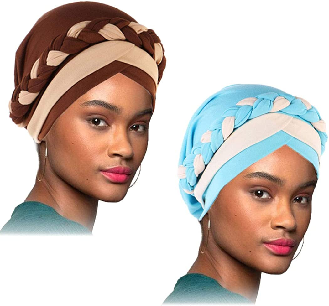 Woeoe African Head Wraps Stretch Braid Chemo Hat Cap Print Pre-Tied Head Turbans Headwear for Women and Girls Apparel & Accessories > Clothing Accessories > Headwear Woeoe Brown,light Blue