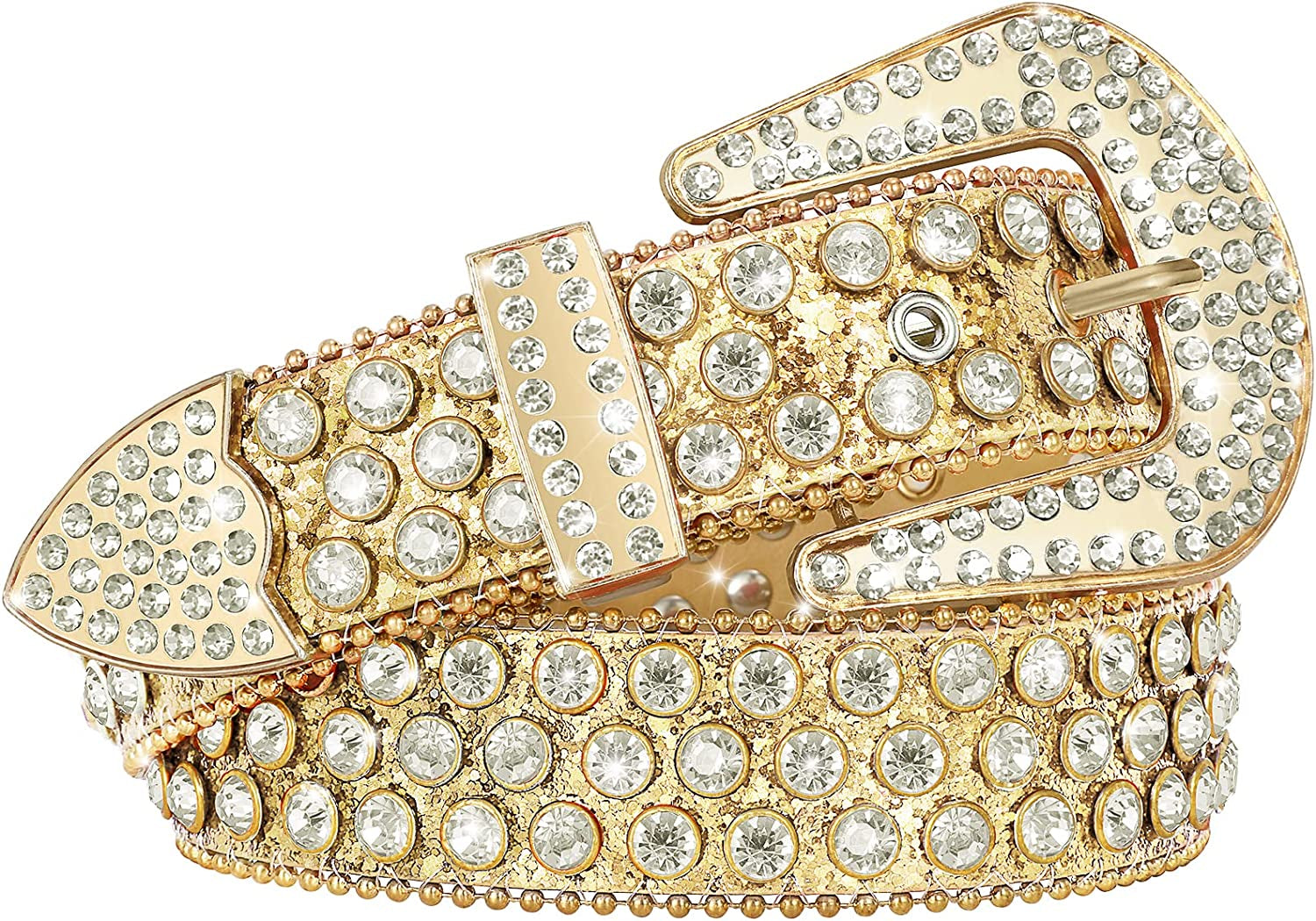 Men Women Fashion Rhinestone Belt SUOSDEY Western Cowgirl Bling Studded Design Leather Diamond Belt for Jeans Dress Apparel & Accessories > Clothing Accessories > Belts SUOSDEY 07-gold L:fits waist size 38''-42''