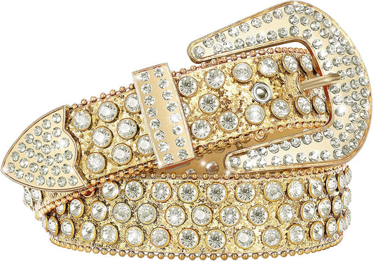 Men Women Fashion Rhinestone Belt SUOSDEY Western Cowgirl Bling Studded Design Leather Diamond Belt for Jeans Dress Apparel & Accessories > Clothing Accessories > Belts SUOSDEY 07-gold L:fits waist size 38''-42''