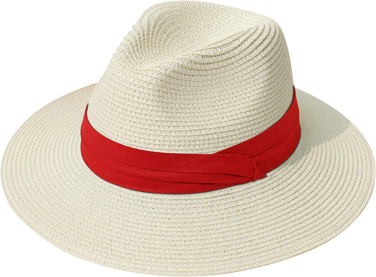 Lanzom Women Wide Brim Straw Panama Roll up Hat Belt Buckle Fedora Beach Sun Hat UPF50+ Apparel & Accessories > Clothing Accessories > Hats Lanzom Z-red Ribbon Beige One Size