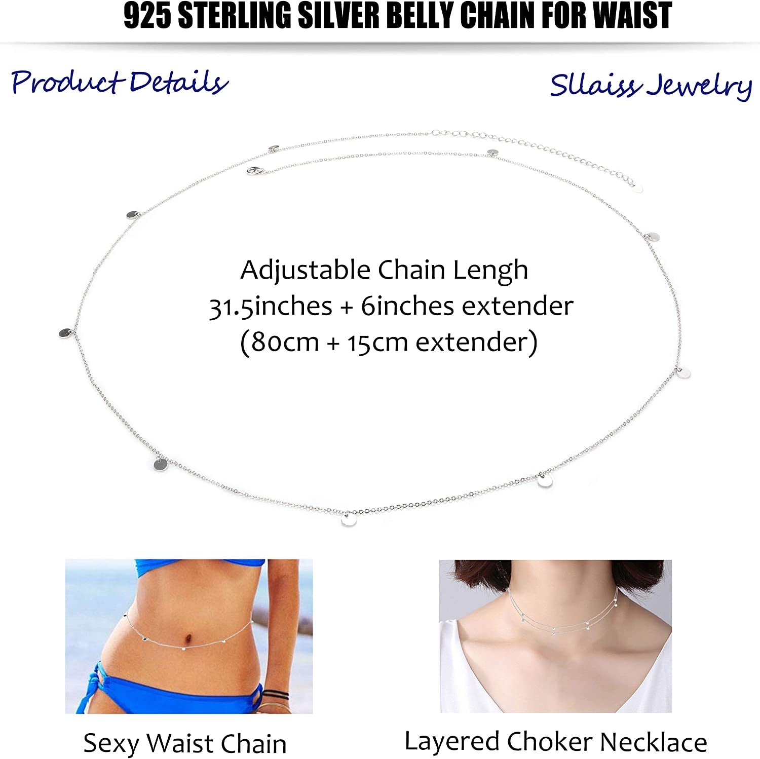 Sllaiss 925 Sterling Silver Sexy Belly Waist Chain Body Jewelry for Women Beach Bikini Belly Silver Chain Belt Apparel & Accessories > Jewelry > Body Jewelry Sllaiss