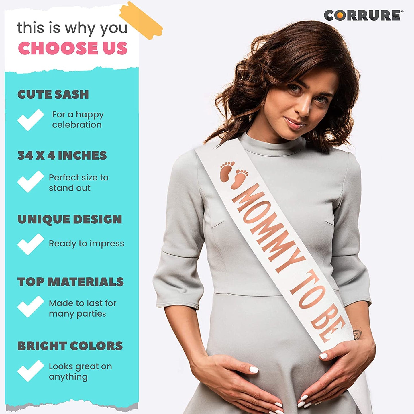 CORRURE Baby Shower Sash for Boy or Girl - 'Mommy to Be' Sash with Beautiful White Glitter Ribbon and Rose Gold Foil - Ideal Gender Reveal, Baby Shower, Welcome Baby, Mom to Be or Baby Sprinkle Gift Apparel & Accessories > Clothing Accessories > Sashes CORRURE
