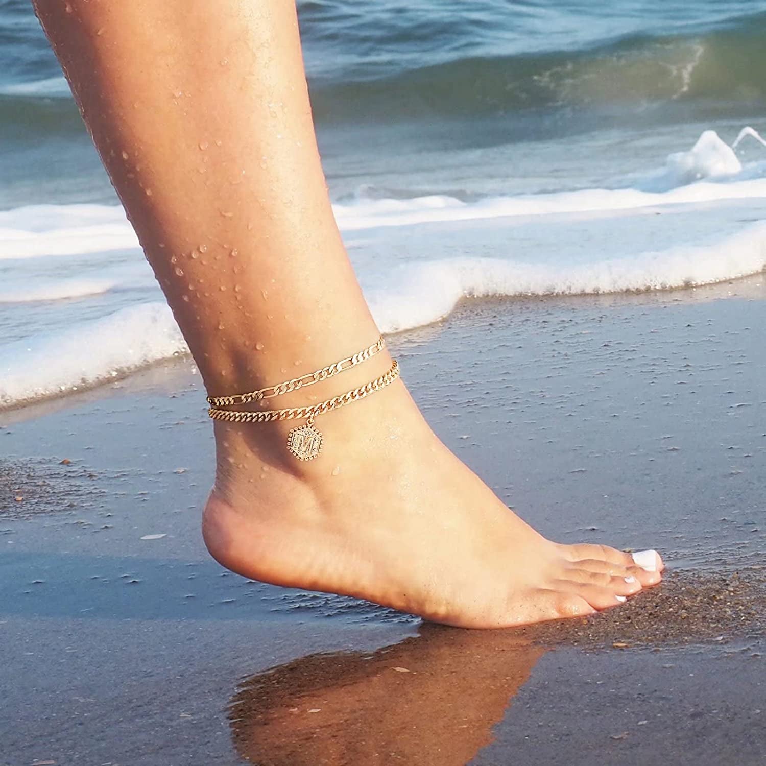 Memorjew Initial Ankle Bracelet for Women, 14K Gold Plated Handmade Double Layered Anklet Letter Initial Anklets Jewelry Gifts for Women Teen Girls Apparel & Accessories > Jewelry > Anklets Memorjew