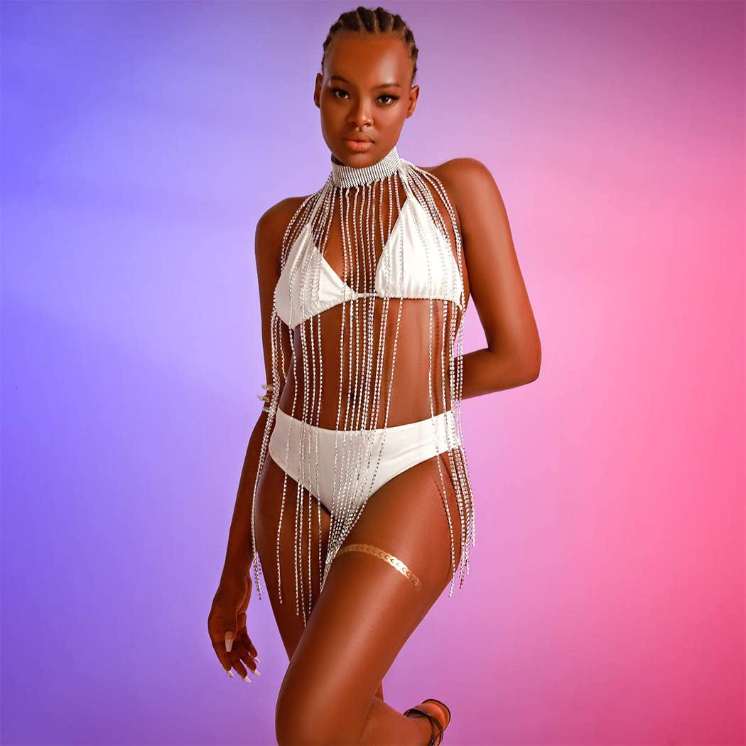 Fstrend Women Rhinestone Choker Long Tassel Necklaces Sparkly Crystal Collar Necklace Fashion Statement Party Festival Body Accessories Jewelry Chain Apparel & Accessories > Jewelry > Necklaces Fstrend