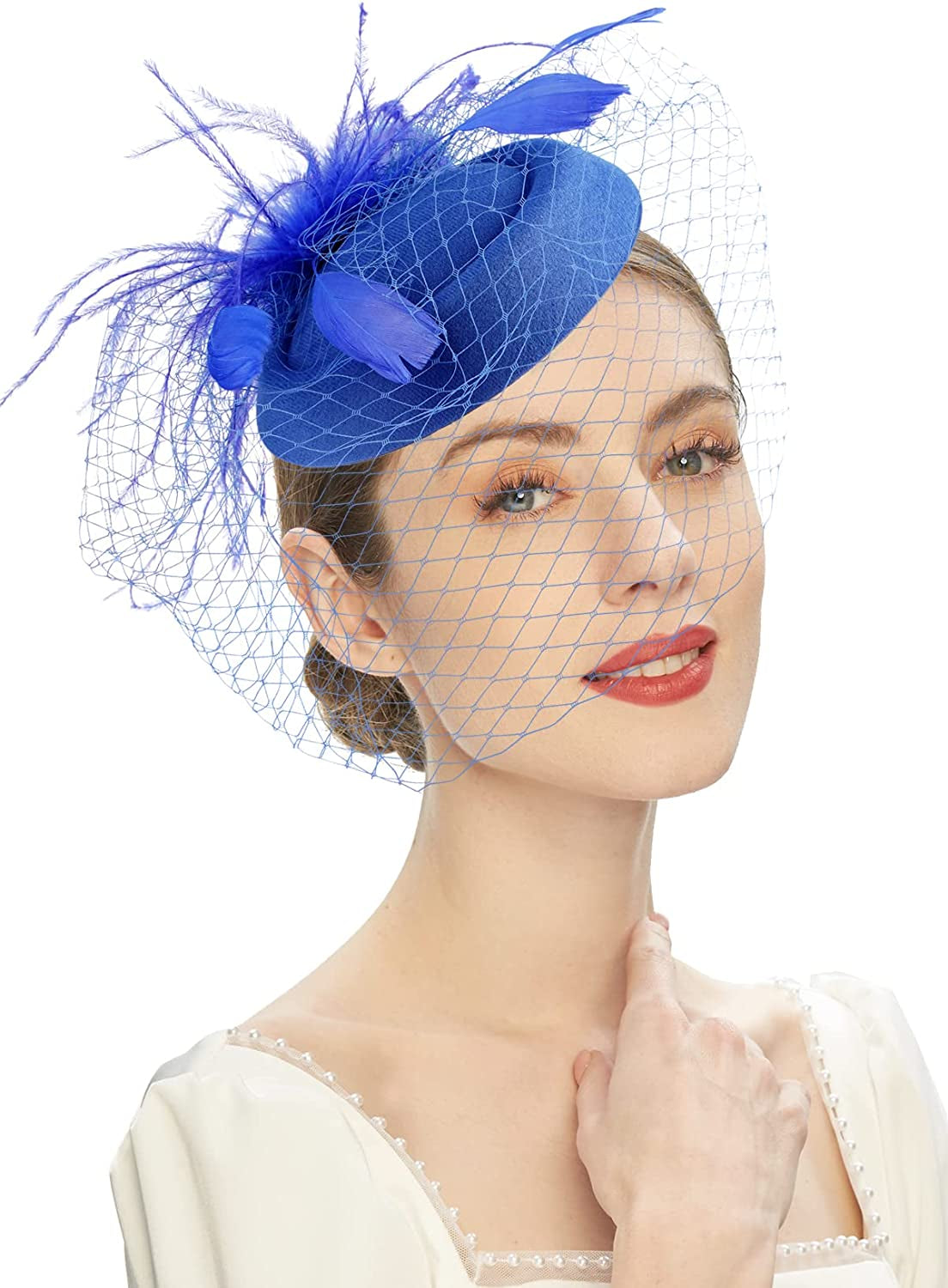 Fascinators Hats 20S 50S Hat Pillbox Hat Cocktail Tea Party Headwear with Veil for Girls and Women Apparel & Accessories > Clothing Accessories > Headwear Cizoe B-royal Blue