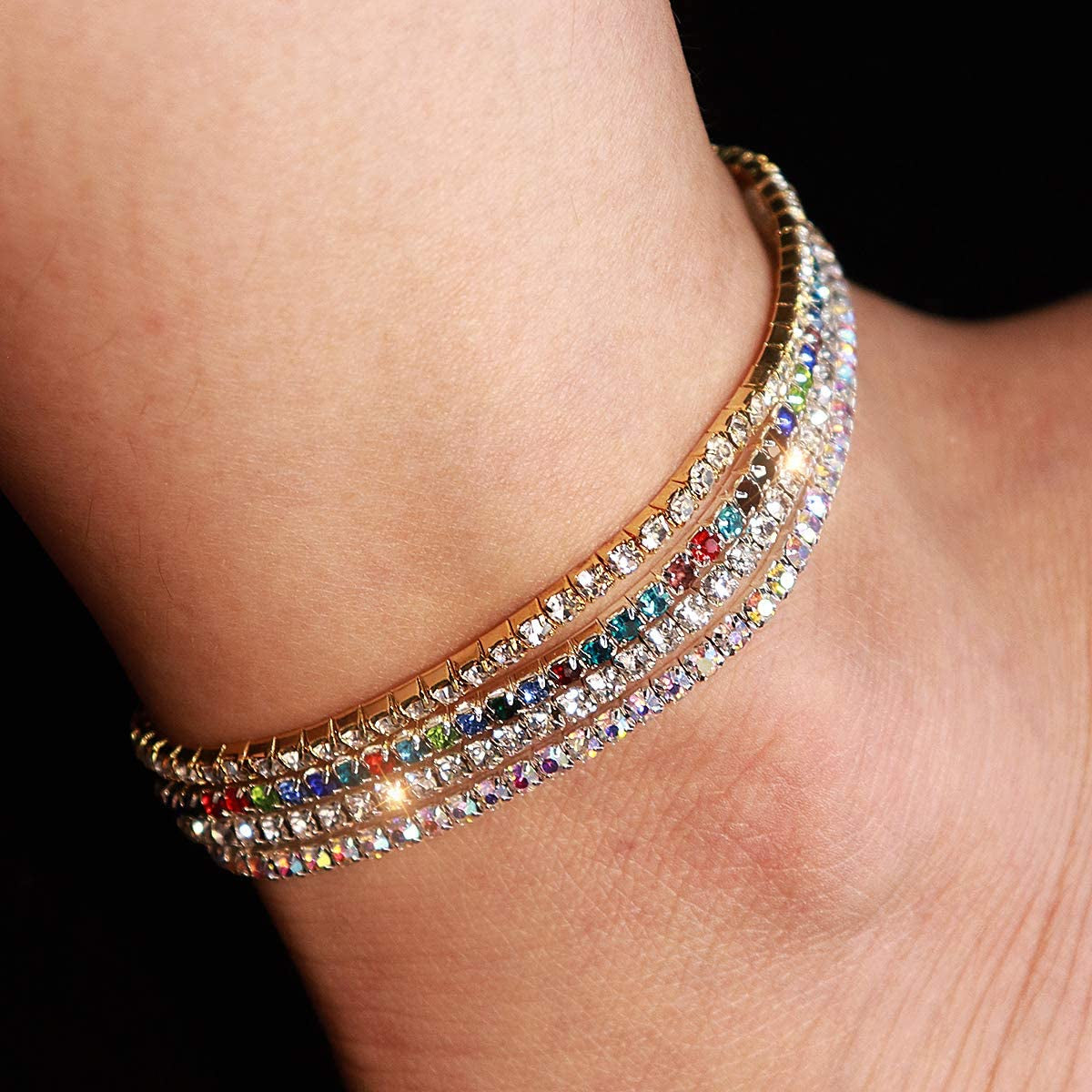 Suyi Crystal Ankle Bracelet for Women 4Pcs Diamond Tennis Stretch Anklets Elastic Foot Chain Apparel & Accessories > Jewelry > Anklets Suyi