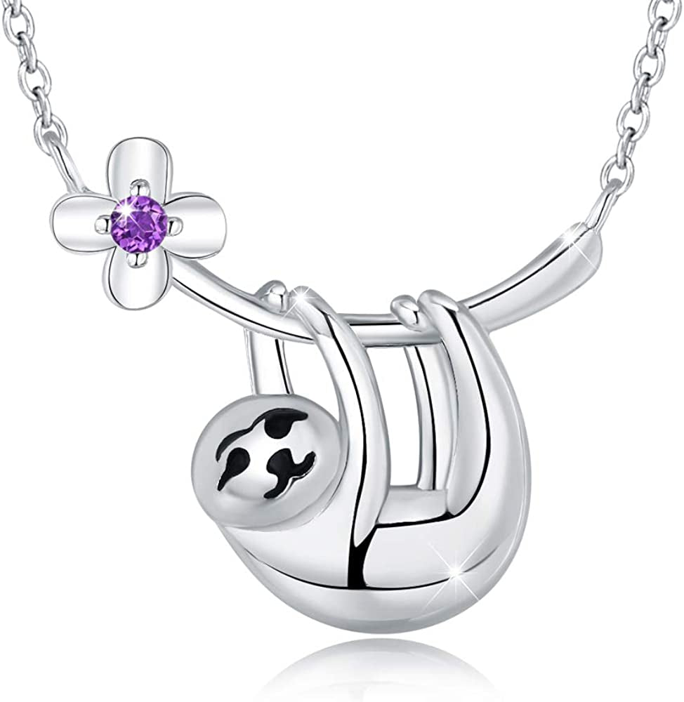 URMWMOO S925 Sterling Silver Sloth Necklace Purple Green Birthstone Moon Jewelry Keep Me in Your Heart Animal Pendant Necklaces Sloths Gifts for Women Girlfriend Apparel & Accessories > Jewelry > Anklets URMWMOO JEWELRY purple flower sloth