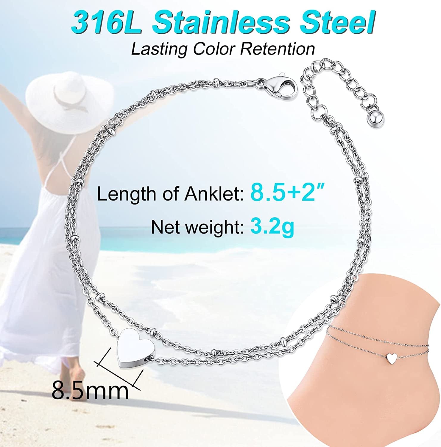 Chainspro Womens S925 Sterling Silver Adjustable Anklet, Heart/Moon/Handcuff Ankle Bracelet,Summer Foot Jewelry, Stainless Steel/Gold Plated(Send Gift Box) Apparel & Accessories > Jewelry > Anklets ChainsPro