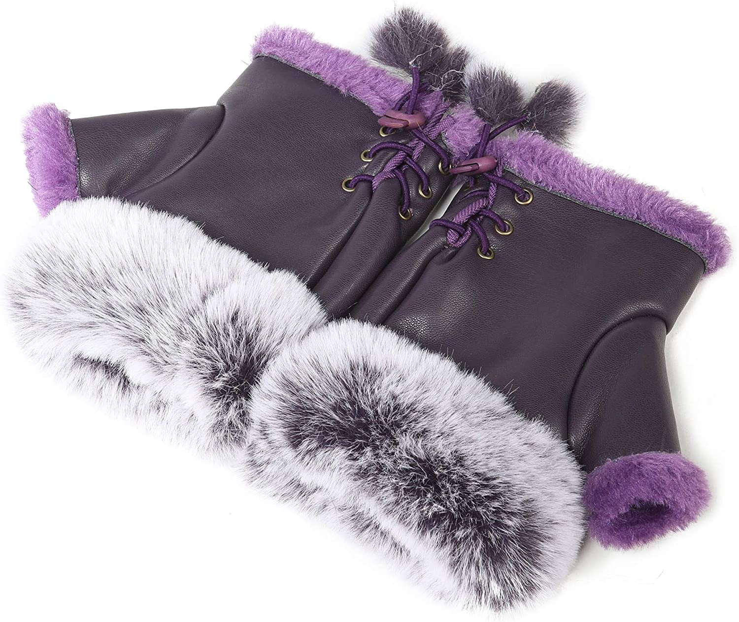 Winter Fingerless Gloves Cute Typing Gloves Fuzzy Furry Leather Mittens Faux Fur Lined Gloves Warm Hands Warmer Gloves Women Apparel & Accessories > Clothing Accessories > Gloves & Mittens Fur Story Purple