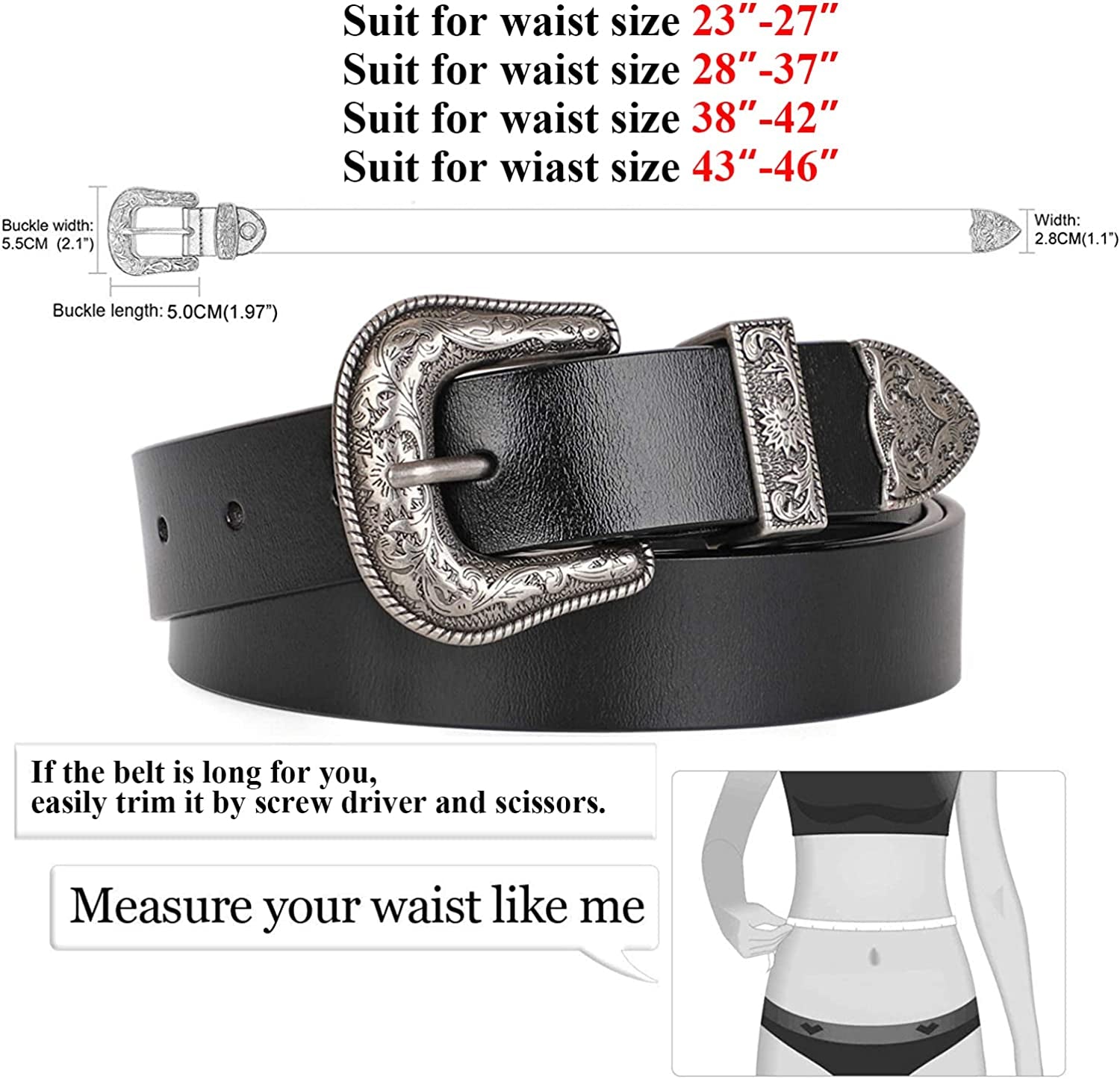 Women Leather Belts Ladies Vintage Western Design Black Waist Belt for Pants Jeans Dresses Apparel & Accessories > Clothing Accessories > Belts KYLIE MAX