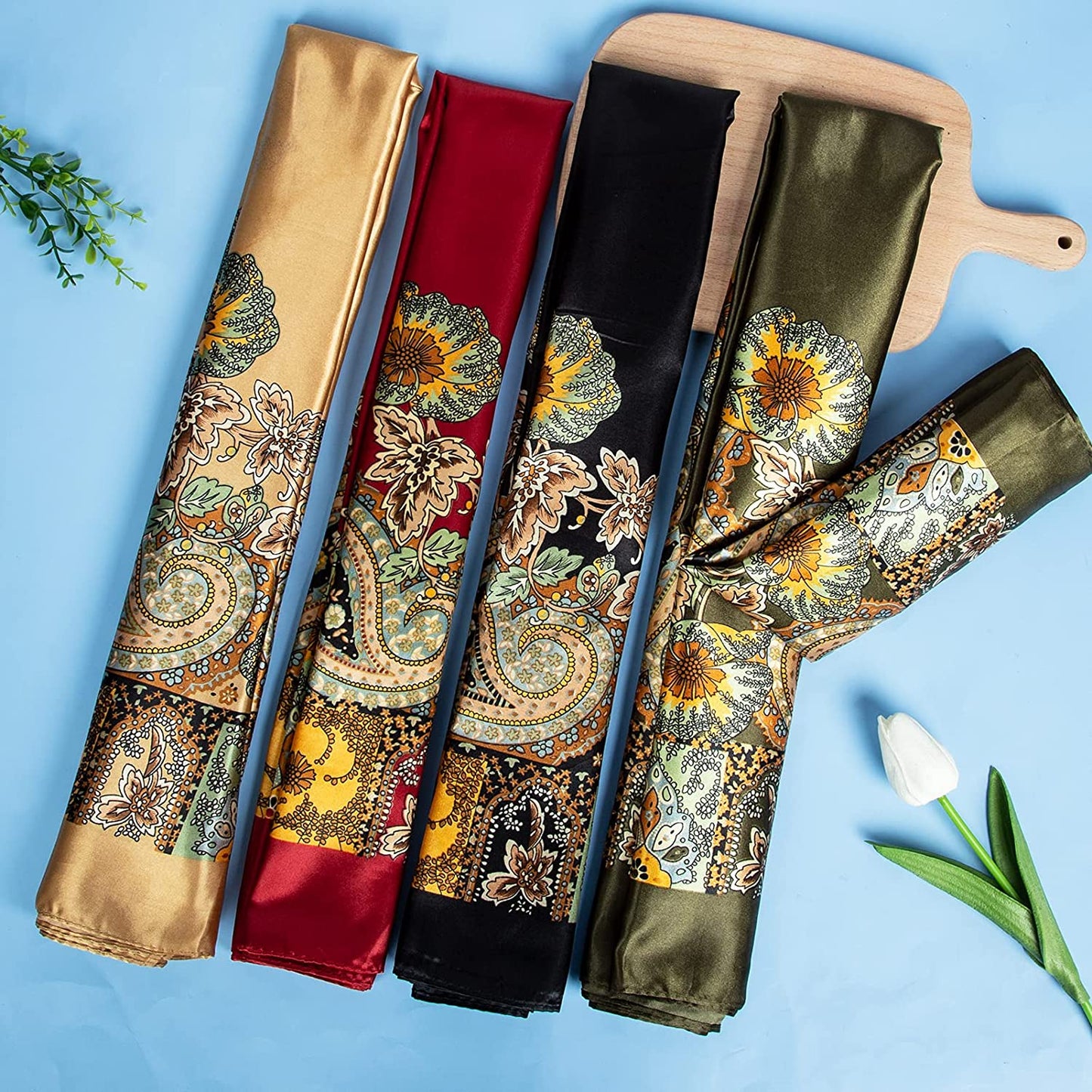 Chalier 4 Pcs Silk Feeling Head Scarf for Women, 35 X 35 Inches Silky Satin Neck Head Hair Scarf for Women Fashion Soft Silk Bandana Beautiful Gifts Apparel & Accessories > Clothing Accessories > Bandanas & Headties Chalier Fashion