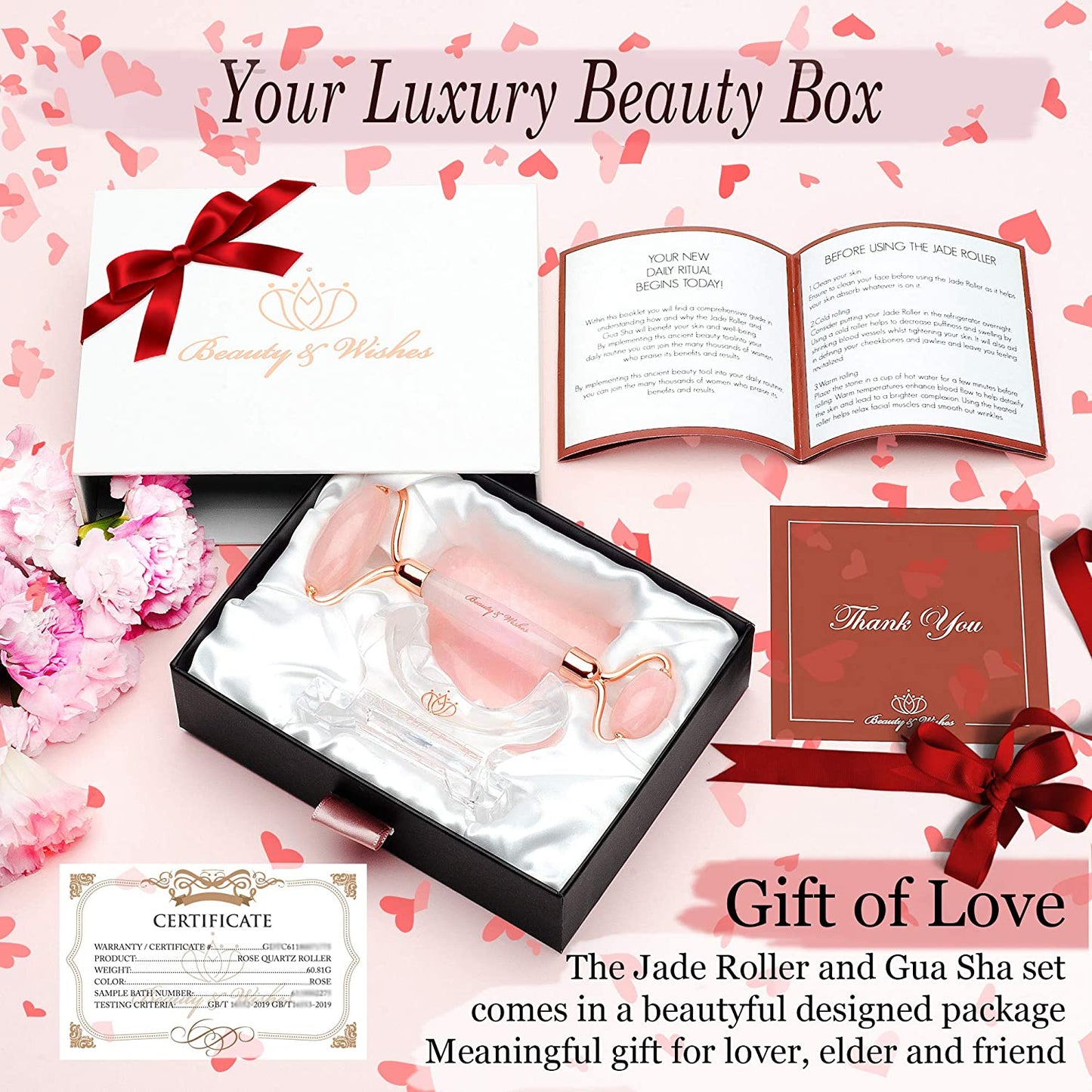 Jade Roller & Gua Sha for Face - 4 in 1 - Helps Reducing Puffiness, Wrinkles, Fine Lines - Authentic Brazilian Rose Quartz Face Massager Kit for Improved Skin Circulation, Drainage, Elasticity Health & Beauty > Personal Care > Cosmetics > Cosmetic Tools > Skin Care Tools BEAUTY & WISHES