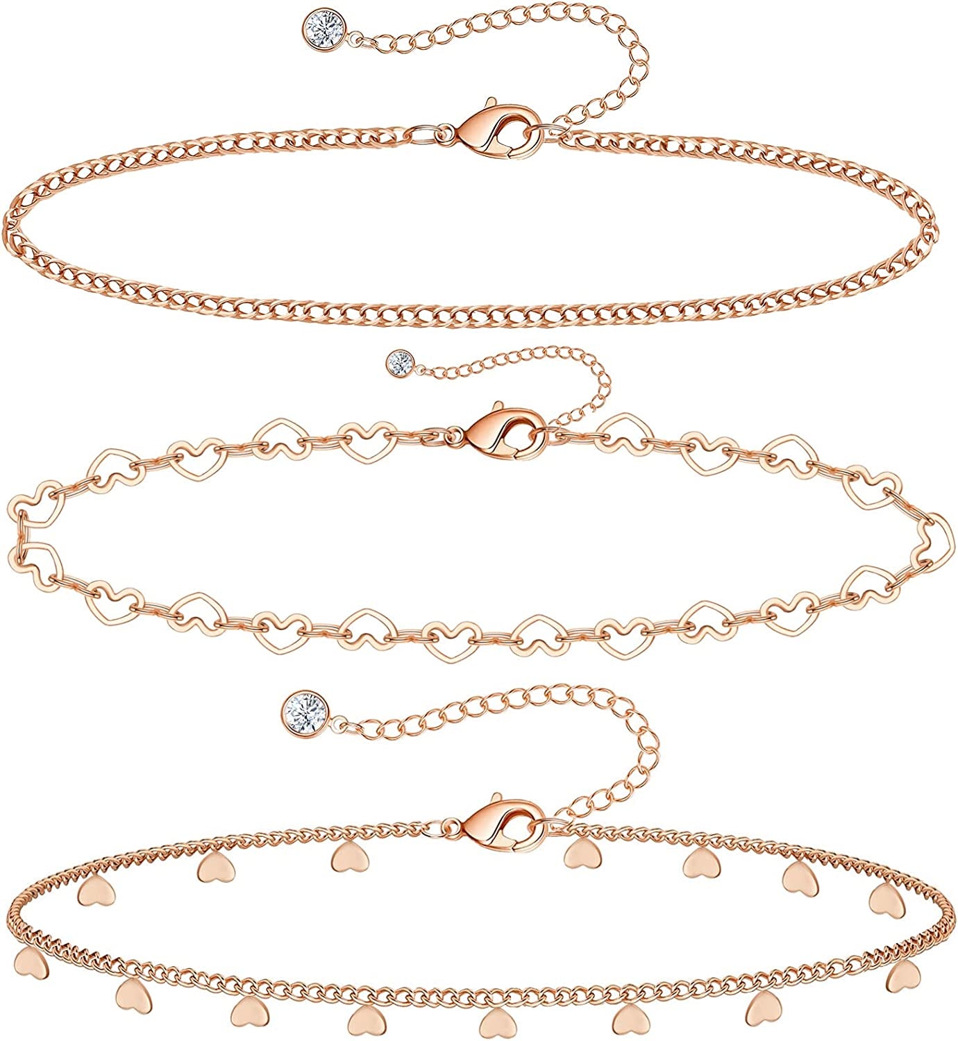 Gold Ankle Bracelets for Women 14K Gold Plated Anklet Silver Rose Gold Evil Eye Tennis Crystal Cubic Zirconia Faux Diamond Rhinestone Anklet Dainty Layered Anklet Set 3Pcs Apparel & Accessories > Jewelry > Anklets Vermeyen R-Rose Gold-Heart