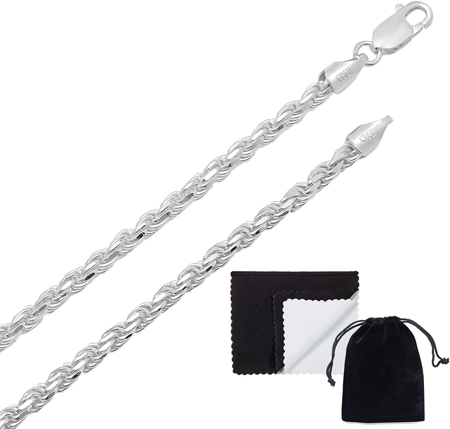 2Mm-7Mm .925 Sterling Silver Diamond-Cut Twisted Rope Apparel & Accessories > Jewelry > Anklets The Bling Factory 3.5mm Necklace 20.0 Inches