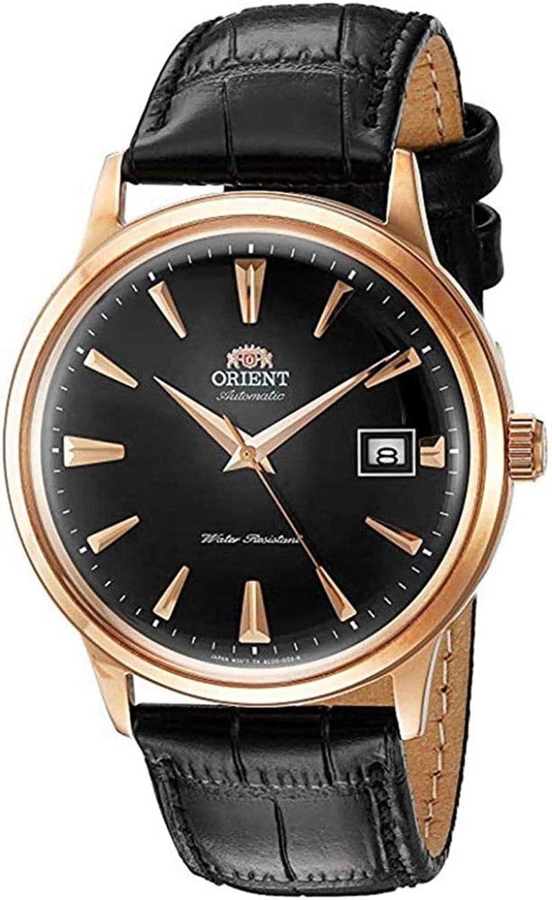 '2Nd Gen Bambino Version I' Japanese Automatic Stainless Steel and Leather Dress Watch Black Dial, Rose Gold Accents