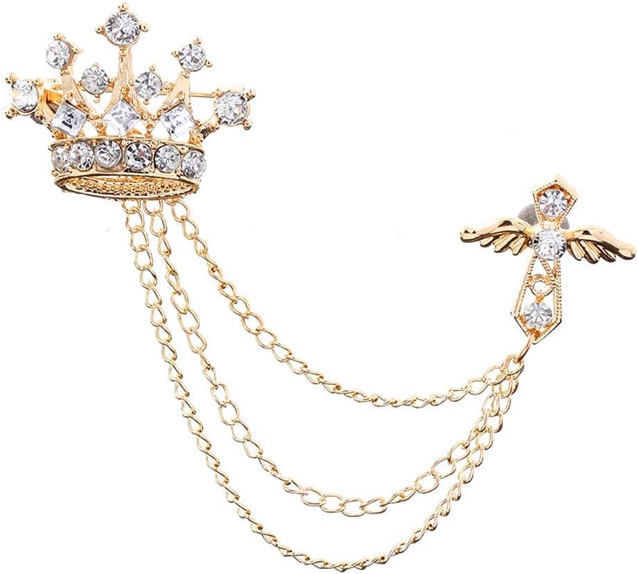 2Packs Men'S Crown Brooch Lapel Pin Badge Hanging Chains Collar Brooches Pin for Career Suit Tuxedo of Shirts Tie Hat Scarf for Boyfriend Father Birthday Gold/Silver