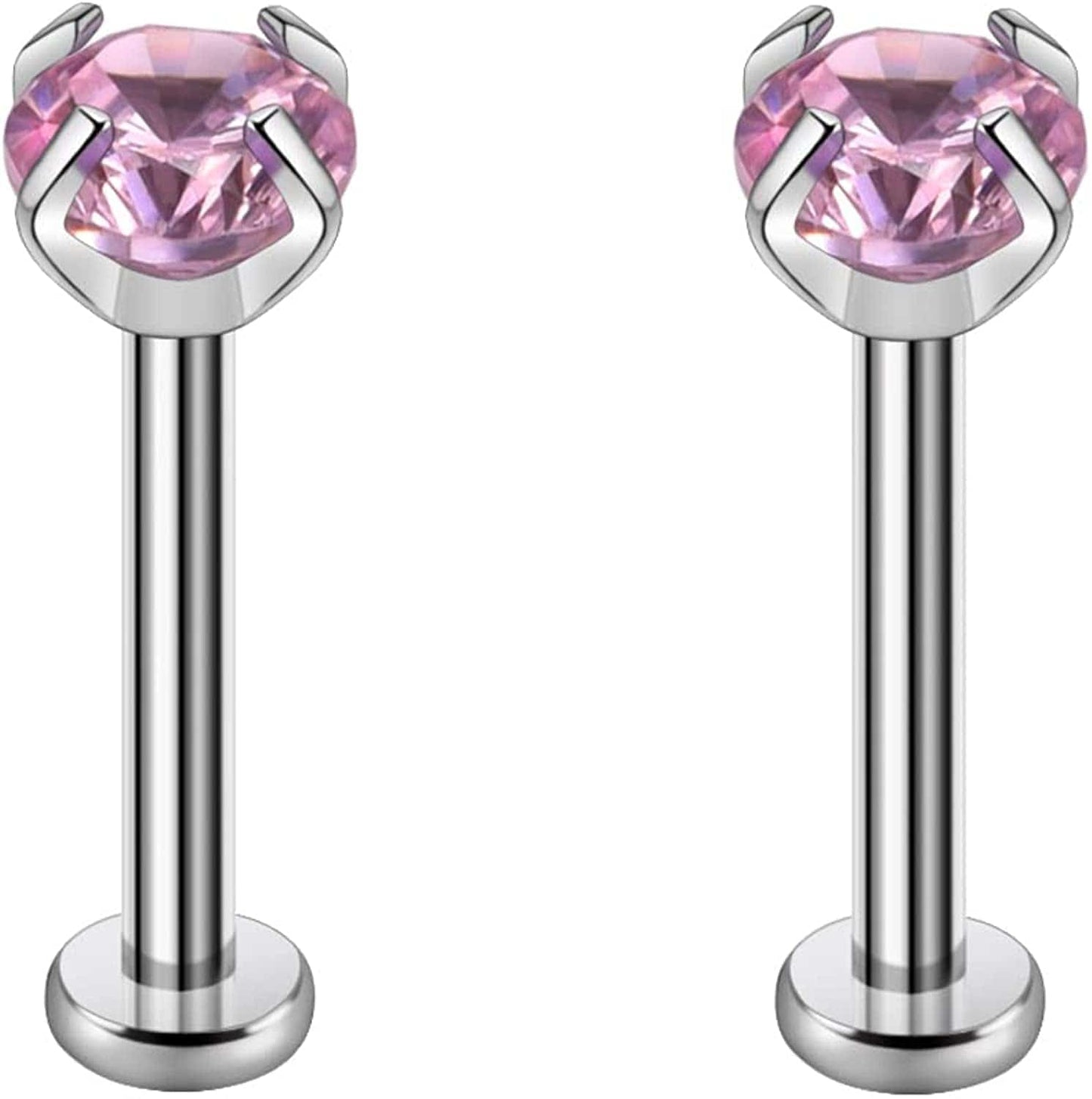 2Pcs 16G 8Mm G23 Titanium Clear CZ Press Fit Threadless Push-In Labret Lip Monroe Tragus Earring Piercing Jewerly Stud Push Back Labret Lip Studs Helix Earring for Men Women Girls Apparel & Accessories > Jewelry > Body Jewelry VGudor Pink