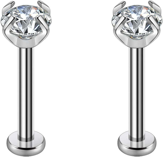 2Pcs 16G 8Mm G23 Titanium Clear CZ Press Fit Threadless Push-In Labret Lip Monroe Tragus Earring Piercing Jewerly Stud Push Back Labret Lip Studs Helix Earring for Men Women Girls Apparel & Accessories > Jewelry > Body Jewelry VGudor Clear