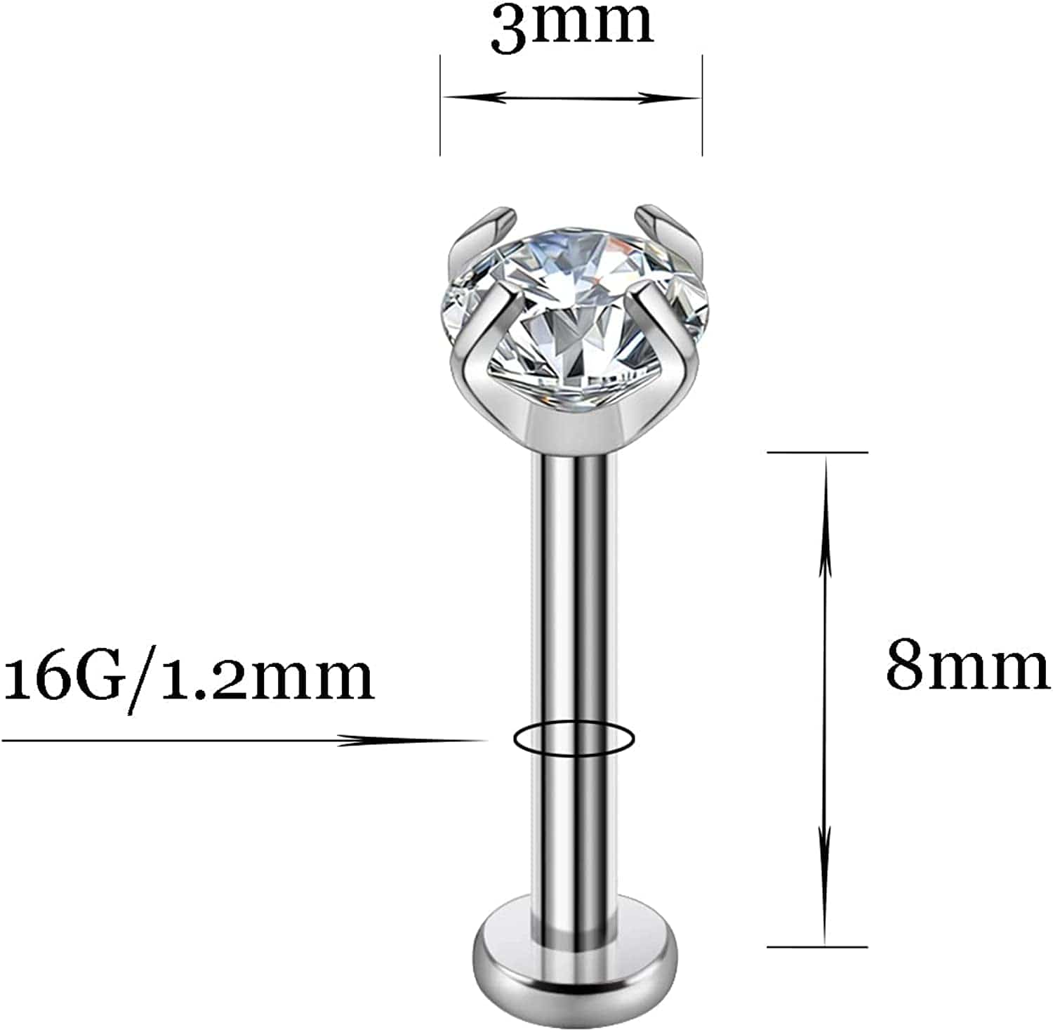 2Pcs 16G 8Mm G23 Titanium Clear CZ Press Fit Threadless Push-In Labret Lip Monroe Tragus Earring Piercing Jewerly Stud Push Back Labret Lip Studs Helix Earring for Men Women Girls Apparel & Accessories > Jewelry > Body Jewelry VGudor