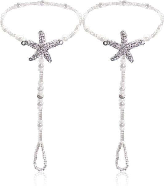 2Pcs Pearl Ankle Chain Bracelet Beach Wedding Foot Jewelry Barefoot Sandals Anklet Chain Apparel & Accessories > Jewelry > Anklets Bienvenu White_Starfish