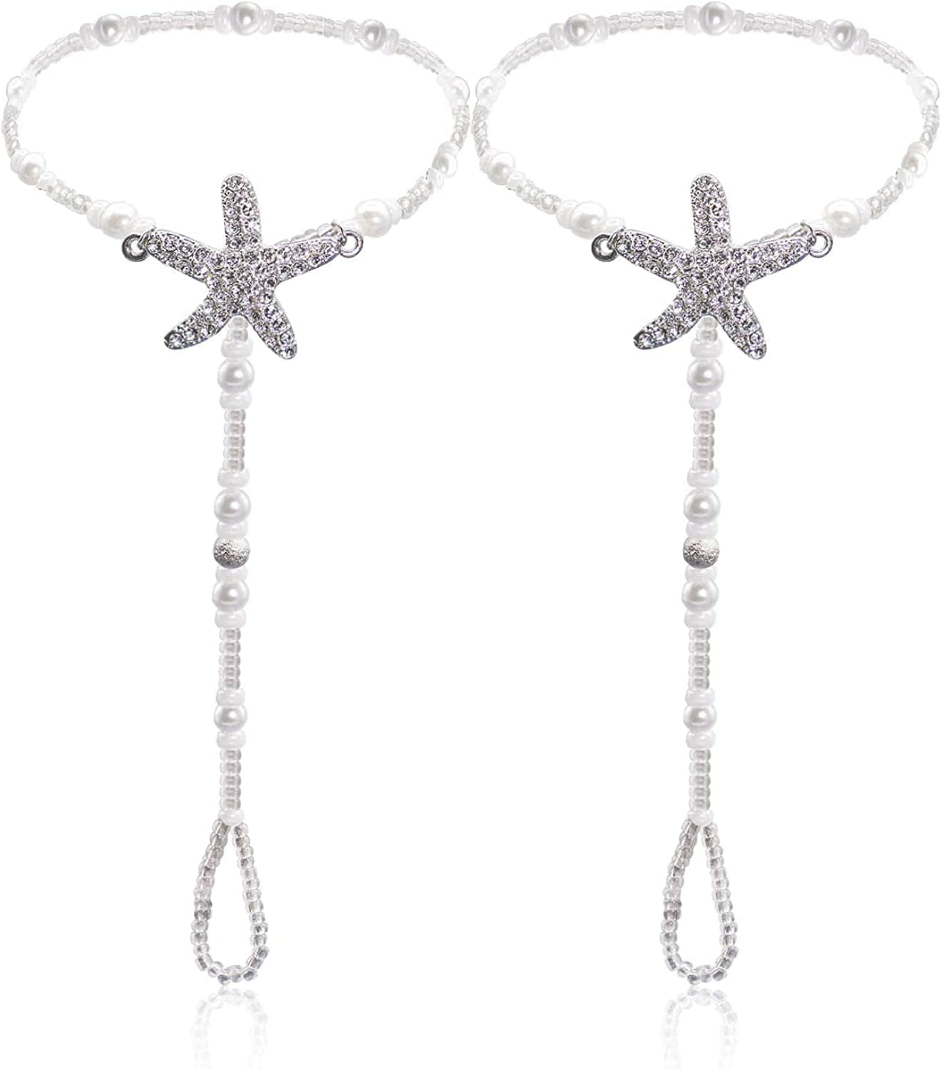 2Pcs Pearl Ankle Chain Bracelet Beach Wedding Foot Jewelry Barefoot Sandals Anklet Chain Apparel & Accessories > Jewelry > Anklets Bienvenu White_Starfish