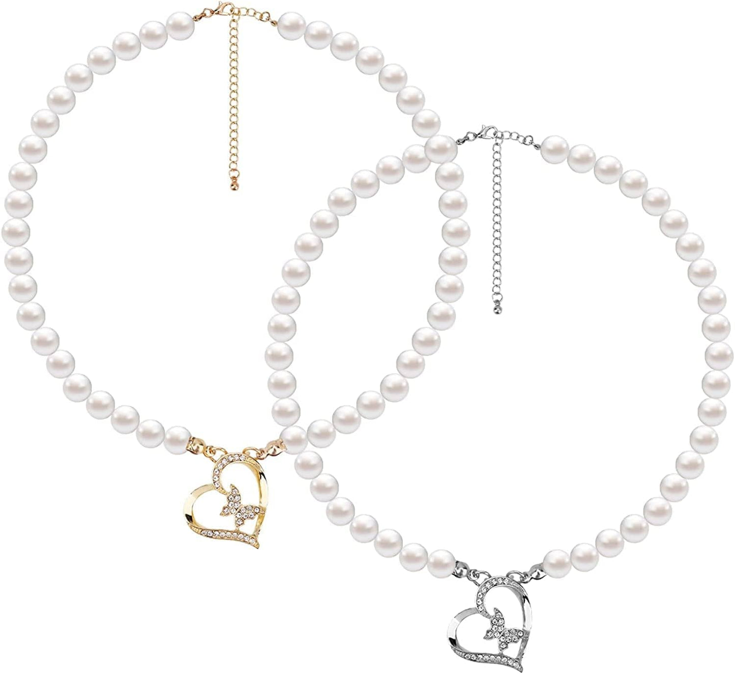 2PCS Pearl Necklace Set, Artificial Pearl Necklace, Pearl Choker Necklace Charm Lady Girlfriend Wedding Birthday Anniversary Butterfly