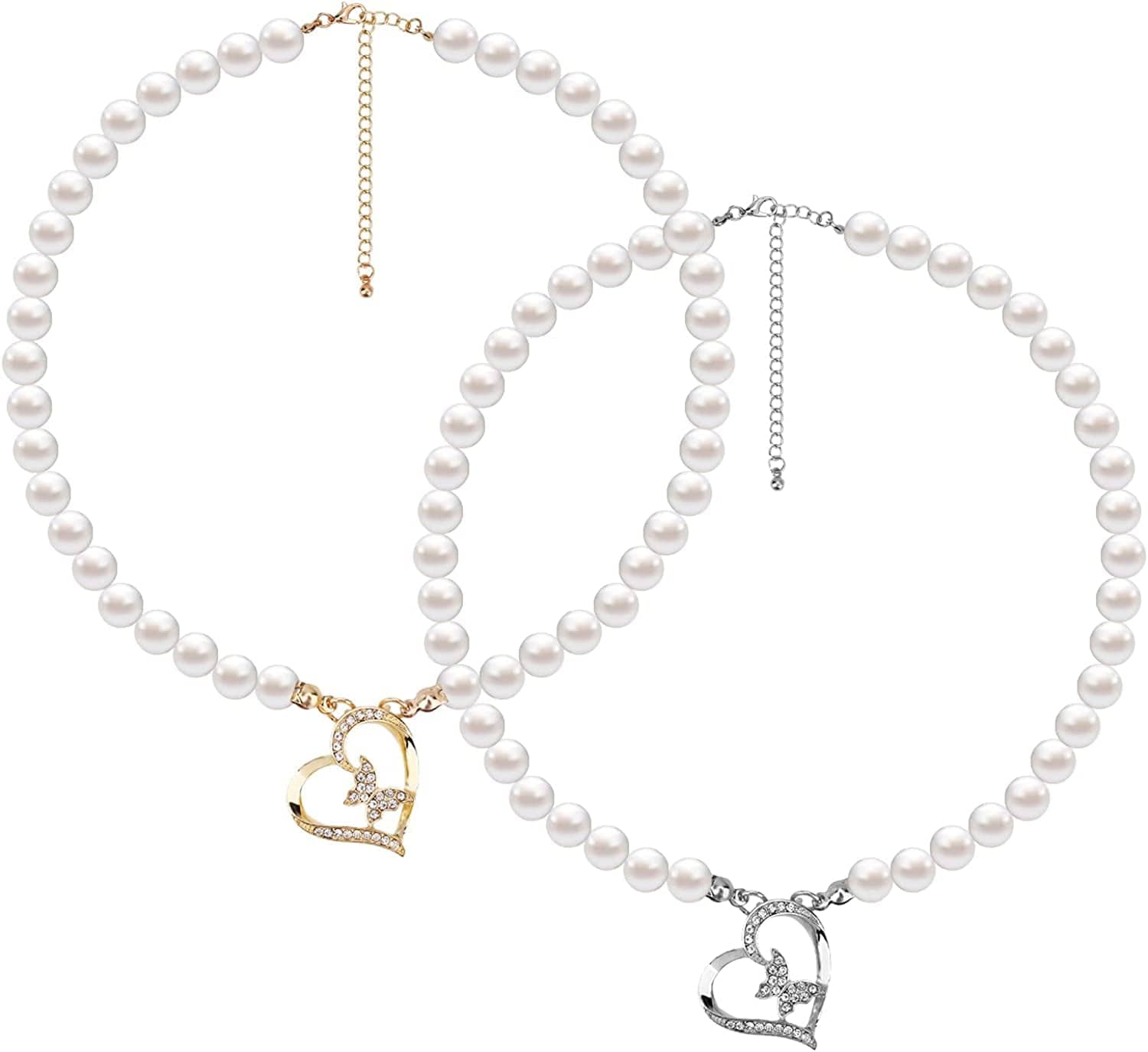 2PCS Pearl Necklace Set, Artificial Pearl Necklace, Pearl Choker Necklace Charm Lady Girlfriend Wedding Birthday Anniversary Butterfly