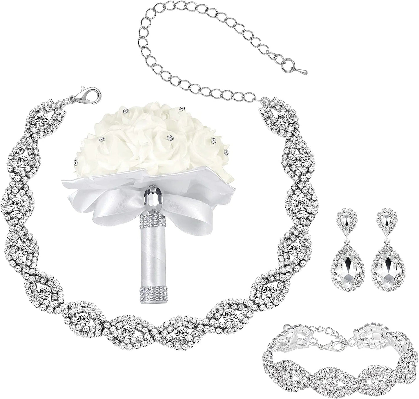 3/4 Pieces Women Jewelry Set Rhinestone Crystal Bride Statement Choker Necklace Tiara Crown Link Bangle Bracelet Teardrop Dangle Earrings Set for Wedding Party Silver Plated White Rhinestone Crystal Choker Necklace Bracelet Earrings Bouquet