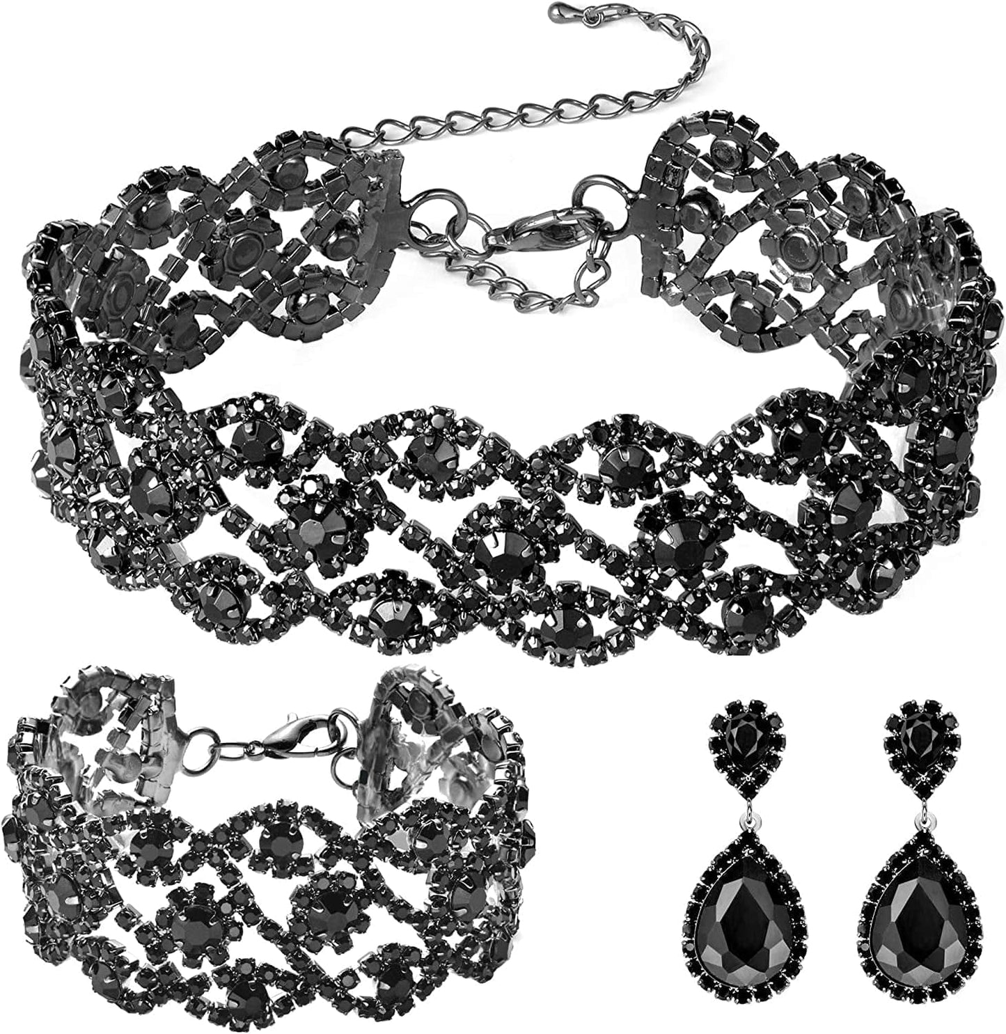 3/4 Pieces Women Jewelry Set Rhinestone Crystal Bride Statement Choker Necklace Tiara Crown Link Bangle Bracelet Teardrop Dangle Earrings Set for Wedding Party Gun black Plated Black Crystal Necklace Earrings Bracelet