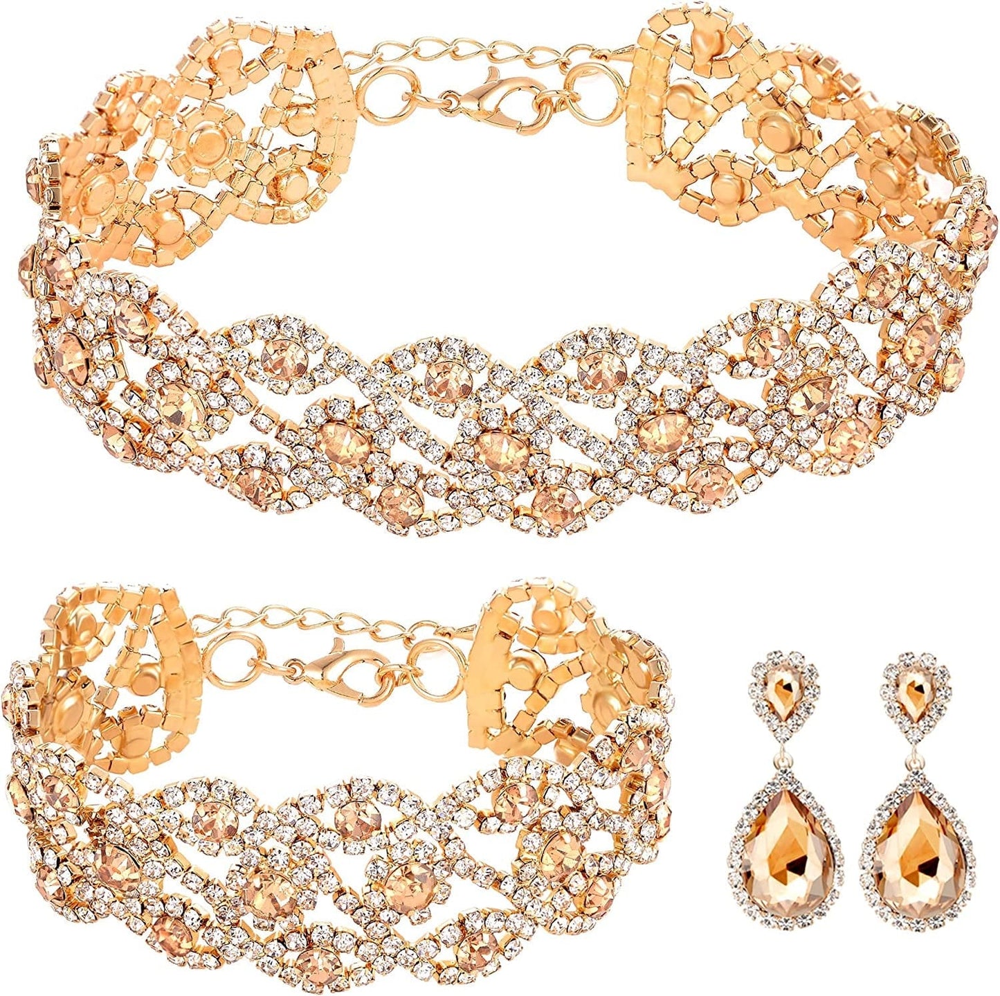 3/4 Pieces Women Jewelry Set Rhinestone Crystal Bride Statement Choker Necklace Tiara Crown Link Bangle Bracelet Teardrop Dangle Earrings Set for Wedding Party Gold Plated Rhinestone Champagne Crystal Choker Necklace Earrings Bracelet