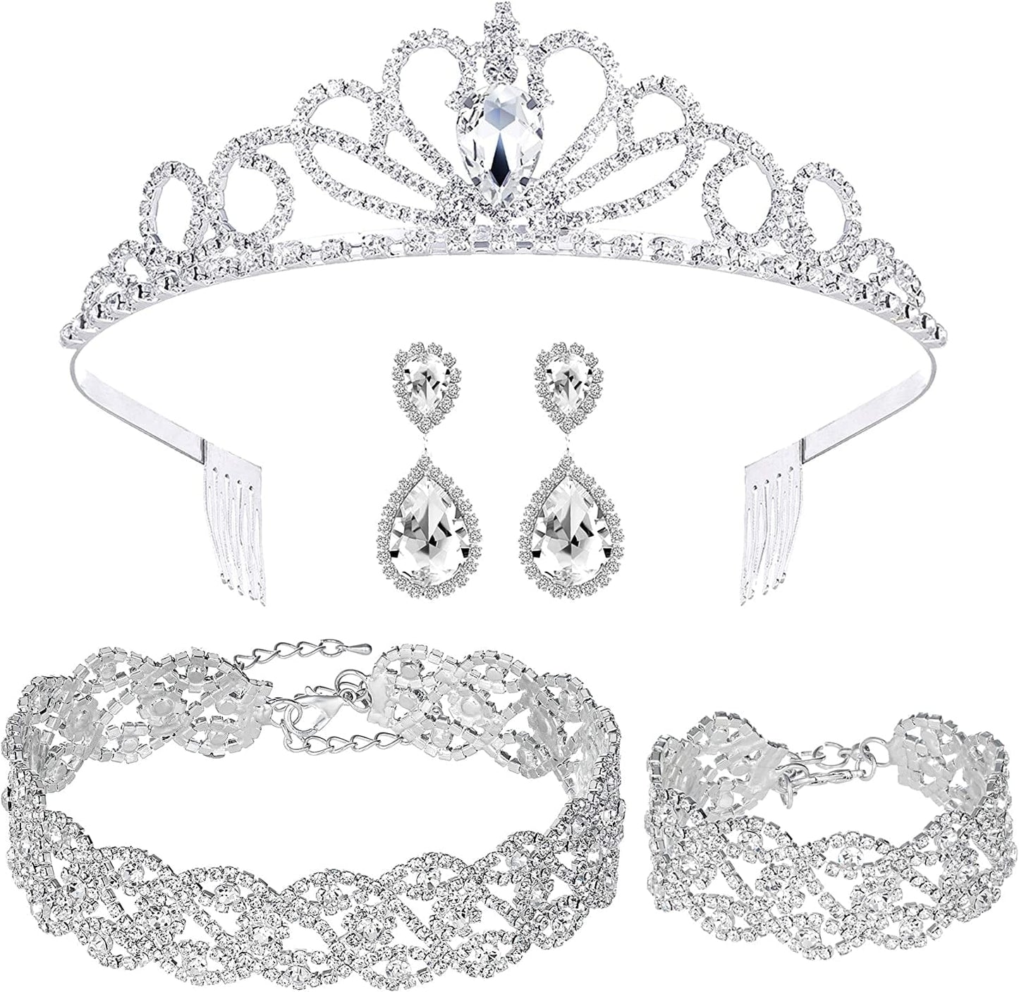 3/4 Pieces Women Jewelry Set Rhinestone Crystal Bride Statement Choker Necklace Tiara Crown Link Bangle Bracelet Teardrop Dangle Earrings Set for Wedding Party Silver Plated White Crystal Tiara+Necklace+Bracelet+Earrings