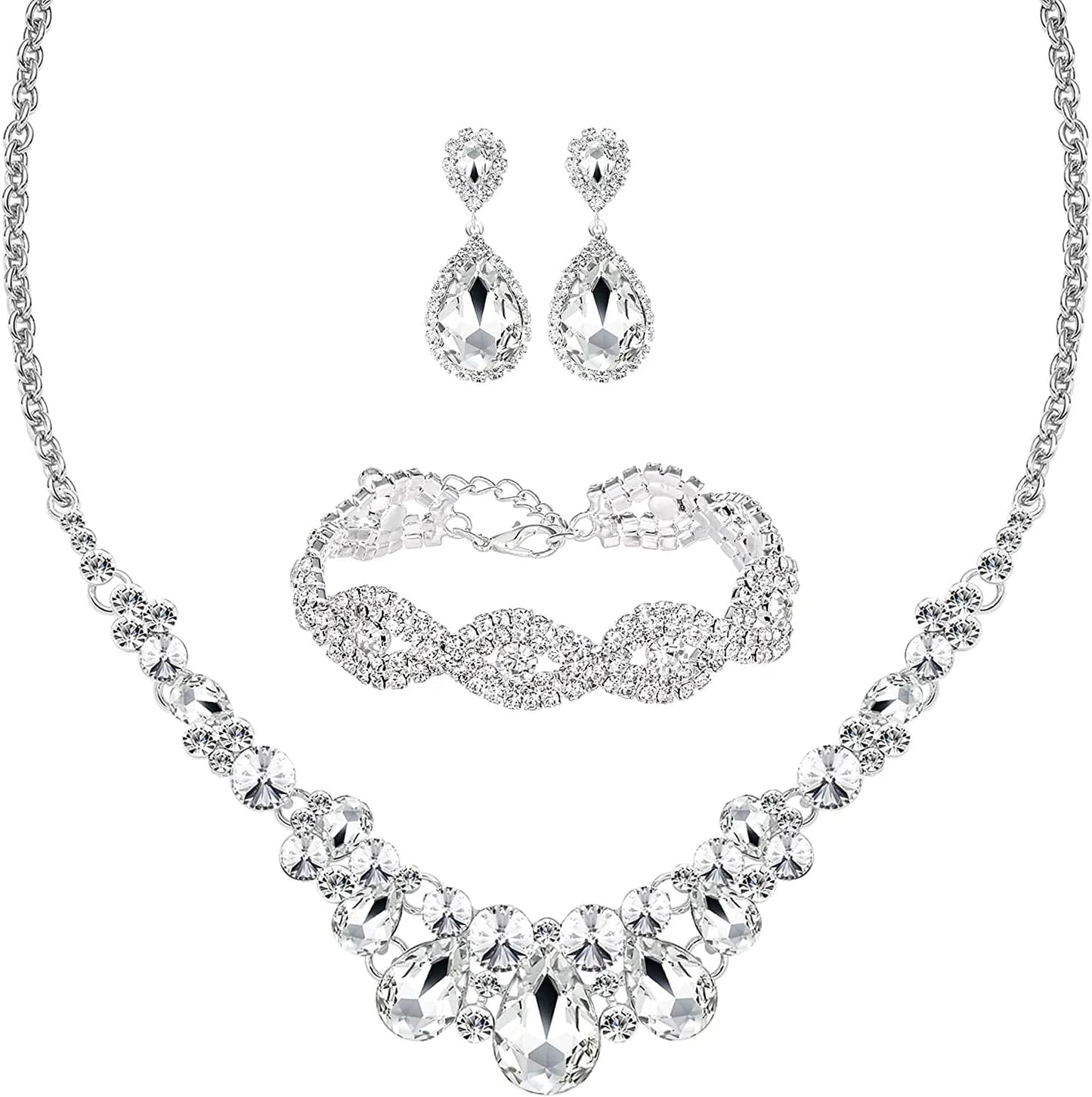 3/4 Pieces Women Jewelry Set Rhinestone Crystal Bride Statement Choker Necklace Tiara Crown Link Bangle Bracelet Teardrop Dangle Earrings Set for Wedding Party 3 Pack Silver Plated Necklace Bracelet Earrings