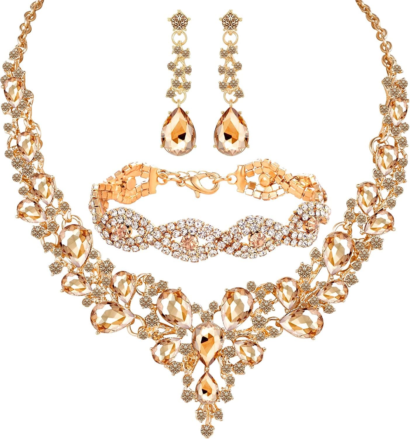 3/4 Pieces Women Jewelry Set Rhinestone Crystal Bride Statement Choker Necklace Tiara Crown Link Bangle Bracelet Teardrop Dangle Earrings Set for Wedding Party Gold Plated Champagne Rhinestone Crystal Necklace Earrings Bracelet