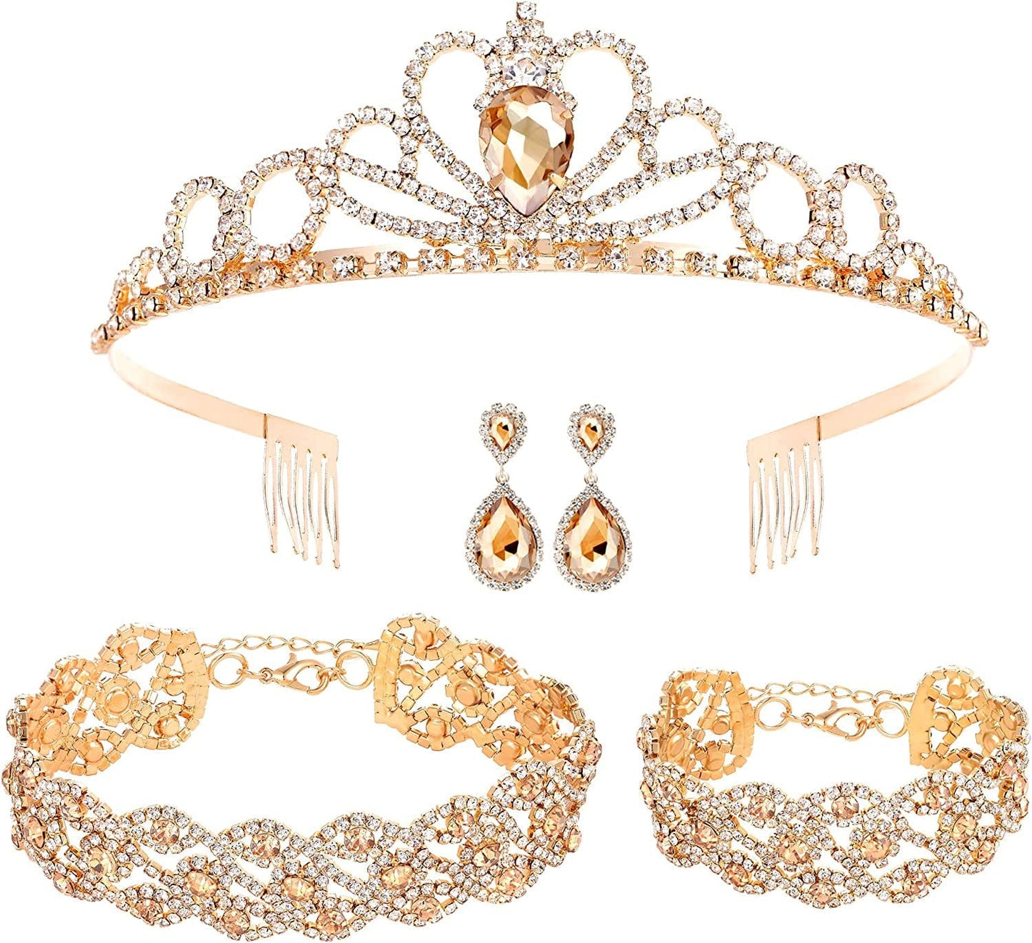 3/4 Pieces Women Jewelry Set Rhinestone Crystal Bride Statement Choker Necklace Tiara Crown Link Bangle Bracelet Teardrop Dangle Earrings Set for Wedding Party Gold Plated Champagne Crystal Tiara Crown Choker Necklace Bracelet Earrings