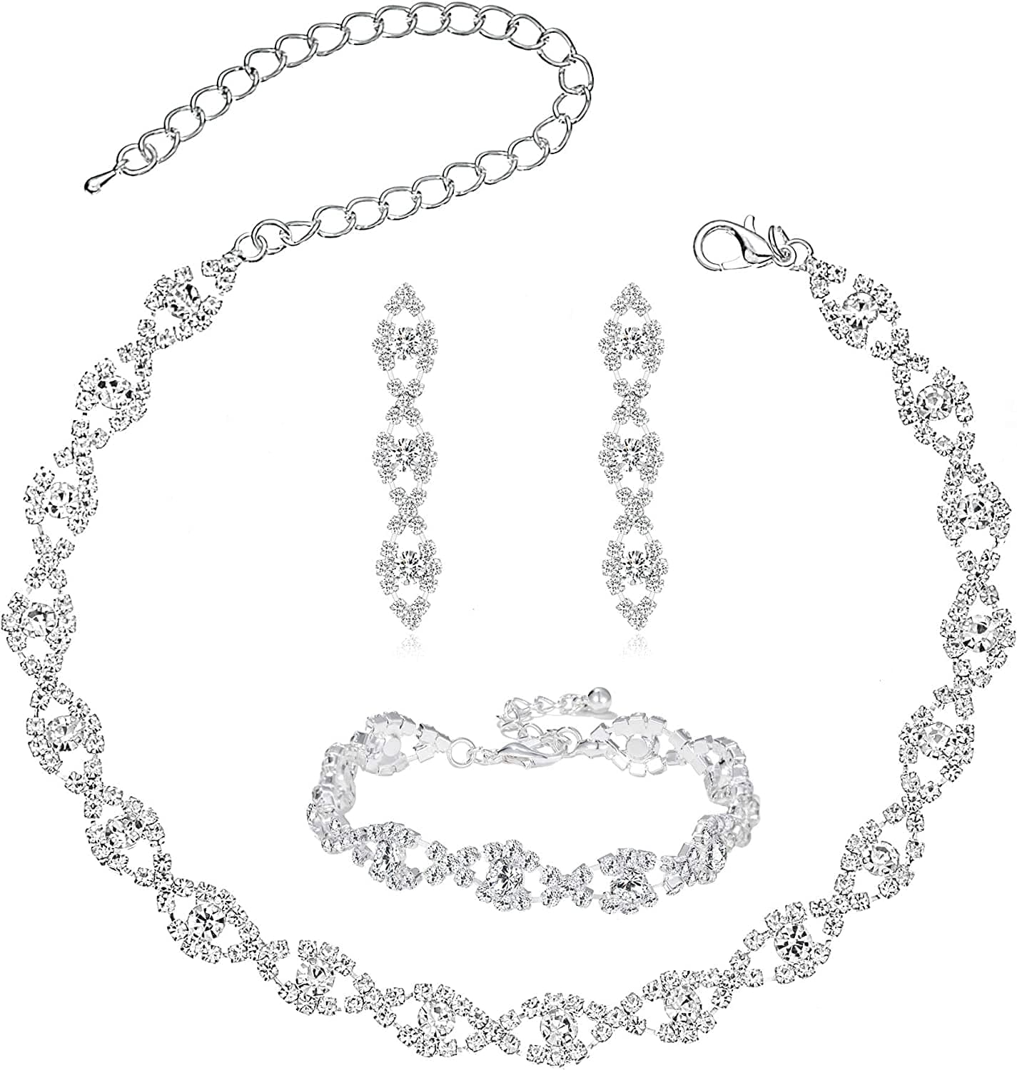 3/4 Pieces Women Jewelry Set Rhinestone Crystal Bride Statement Choker Necklace Tiara Crown Link Bangle Bracelet Teardrop Dangle Earrings Set for Wedding Party Silver Plated White Bracelet Necklace Earrings