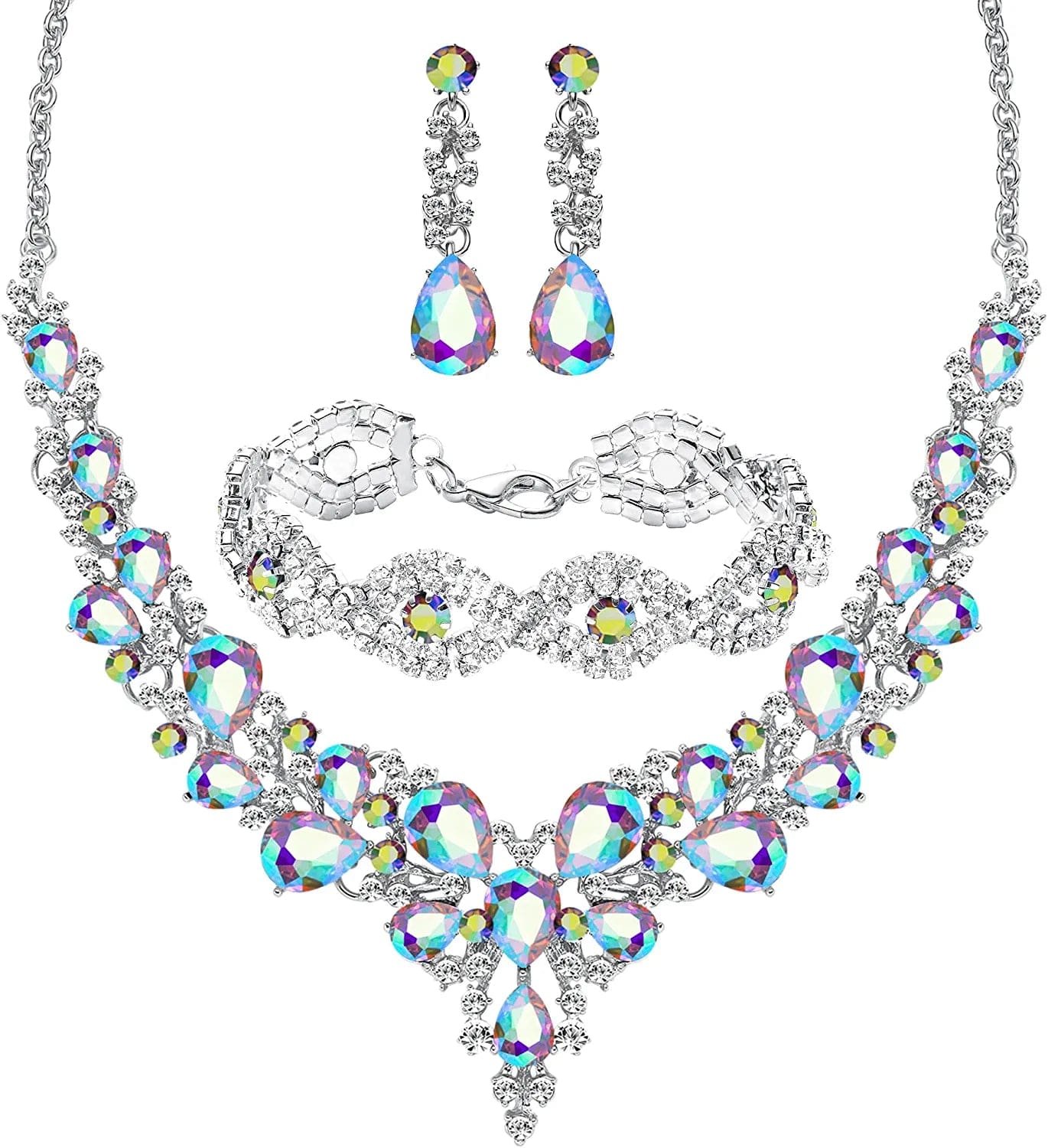 3/4 Pieces Women Jewelry Set Rhinestone Crystal Bride Statement Choker Necklace Tiara Crown Link Bangle Bracelet Teardrop Dangle Earrings Set for Wedding Party Silver Plated White Rhinestone AB Crystal Necklace Bracelet Earrings