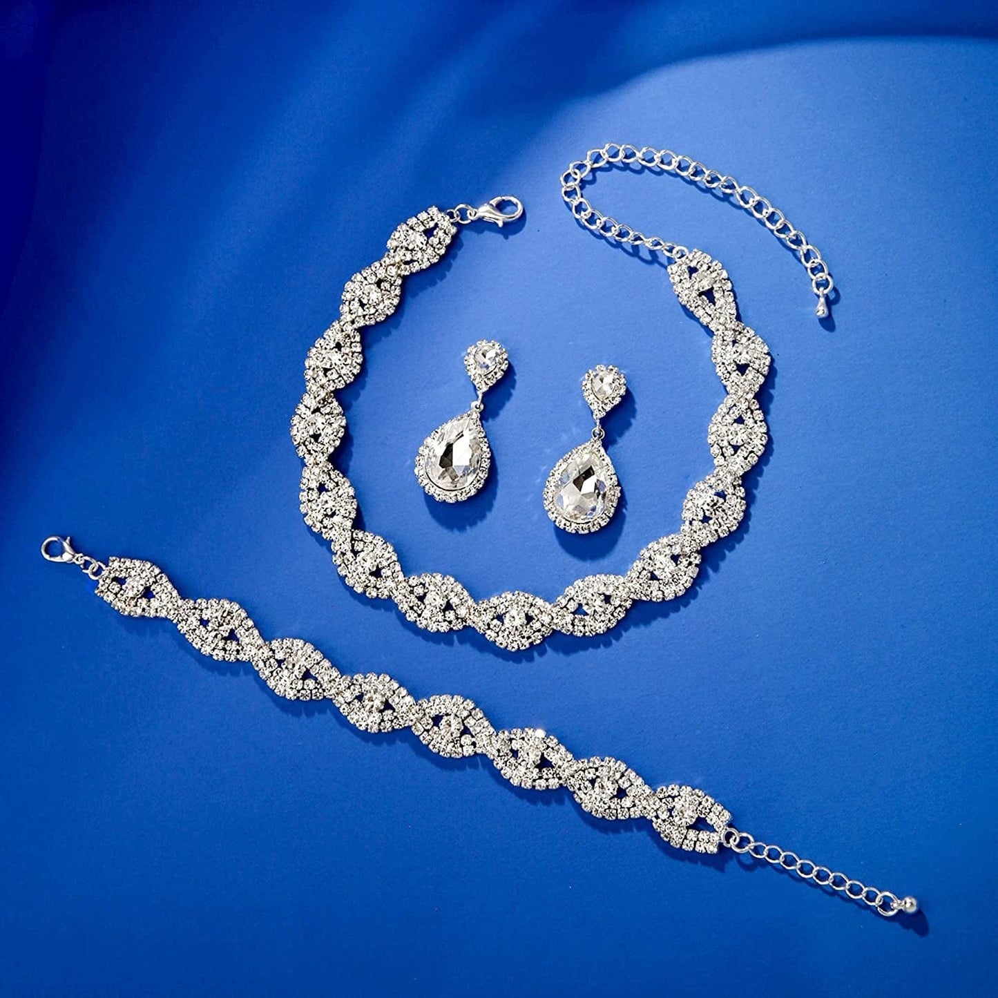 3/4 Pieces Women Jewelry Set Rhinestone Crystal Bride Statement Choker Necklace Tiara Crown Link Bangle Bracelet Teardrop Dangle Earrings Set for Wedding Party