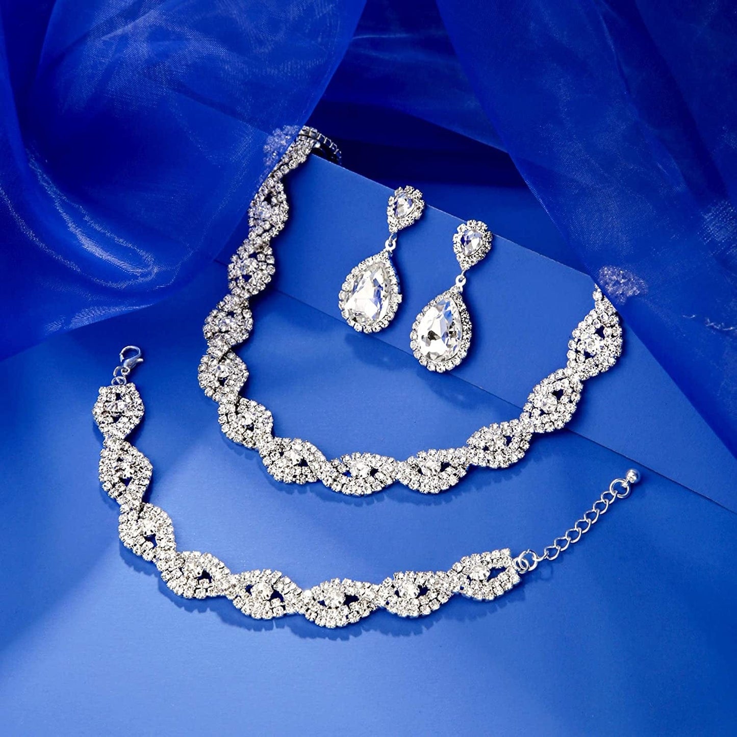 3/4 Pieces Women Jewelry Set Rhinestone Crystal Bride Statement Choker Necklace Tiara Crown Link Bangle Bracelet Teardrop Dangle Earrings Set for Wedding Party