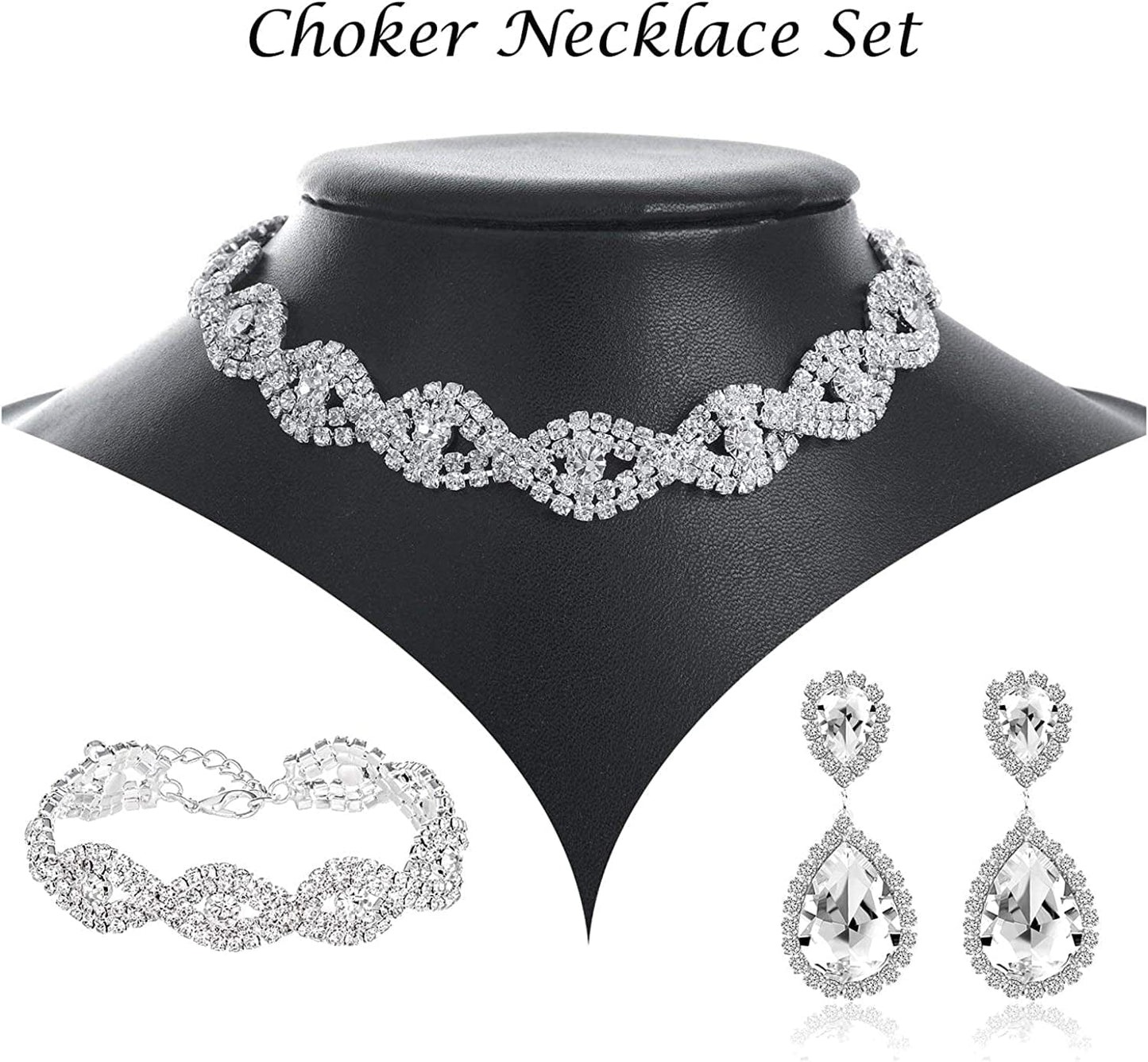 3/4 Pieces Women Jewelry Set Rhinestone Crystal Bride Statement Choker Necklace Tiara Crown Link Bangle Bracelet Teardrop Dangle Earrings Set for Wedding Party