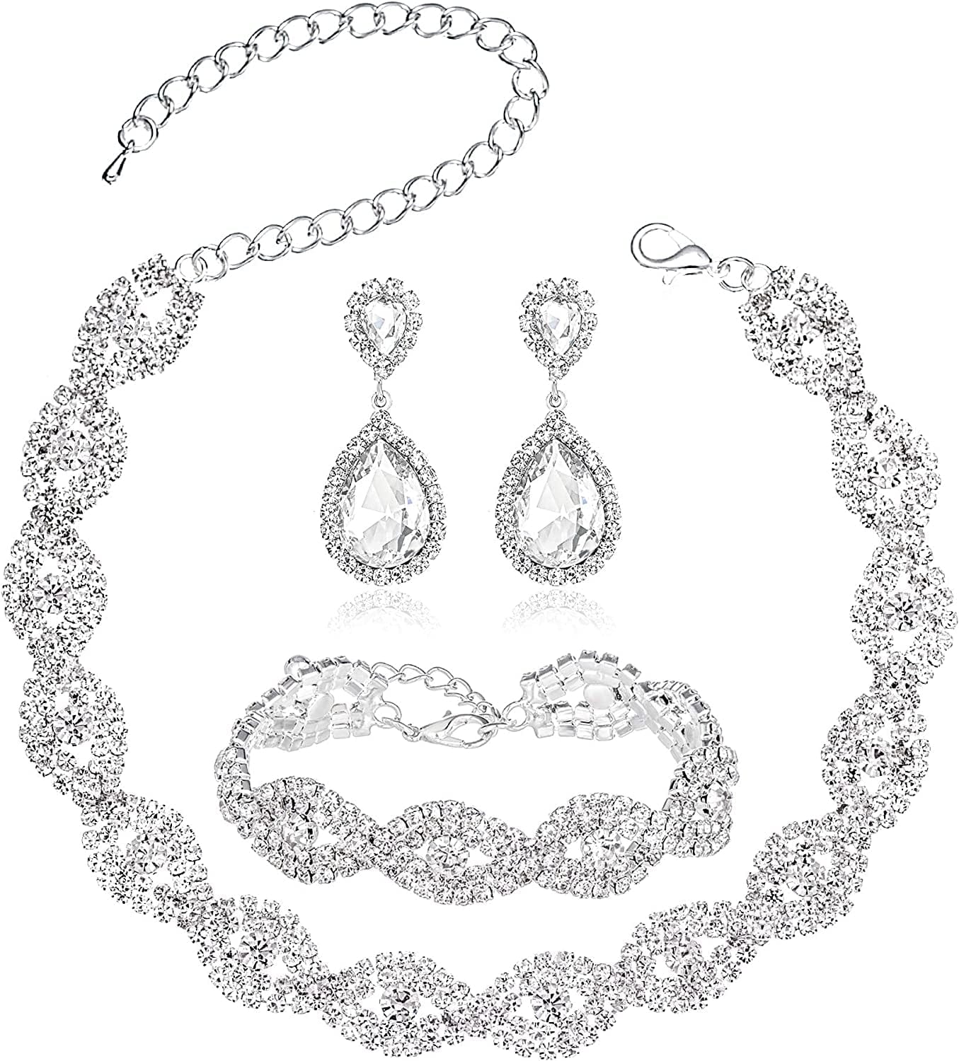 3/4 Pieces Women Jewelry Set Rhinestone Crystal Bride Statement Choker Necklace Tiara Crown Link Bangle Bracelet Teardrop Dangle Earrings Set for Wedding Party Silver Necklace + Earrings + Bracelet set