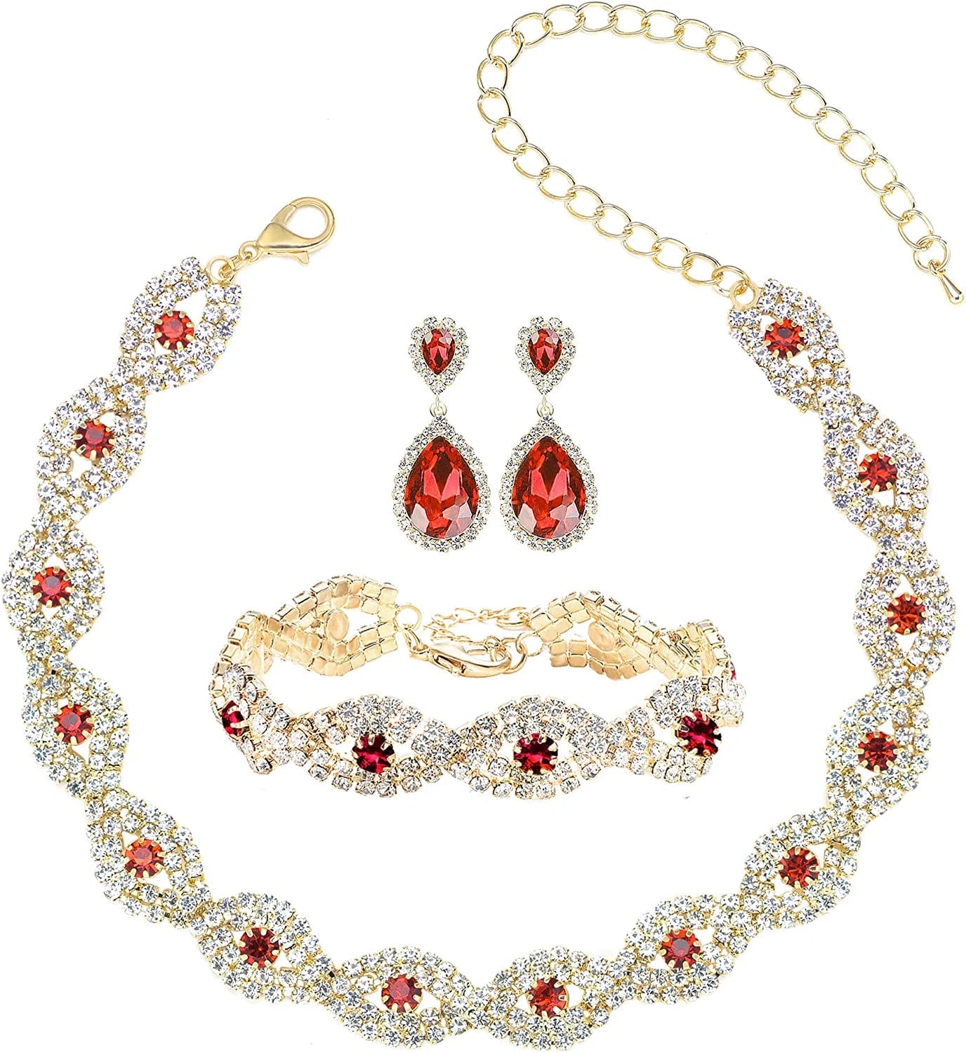 3/4 Pieces Women'S Jewelry Sets Rhinestone Crystal Bridal Tiara Crown Choker Necklace Link Bangle Bracelet Teardrop Dangle Earrings Set and Rhinestone Handbag for Wedding Party Gold Plated White+Red Crystal Bracelet Choker Necklace Earrings set