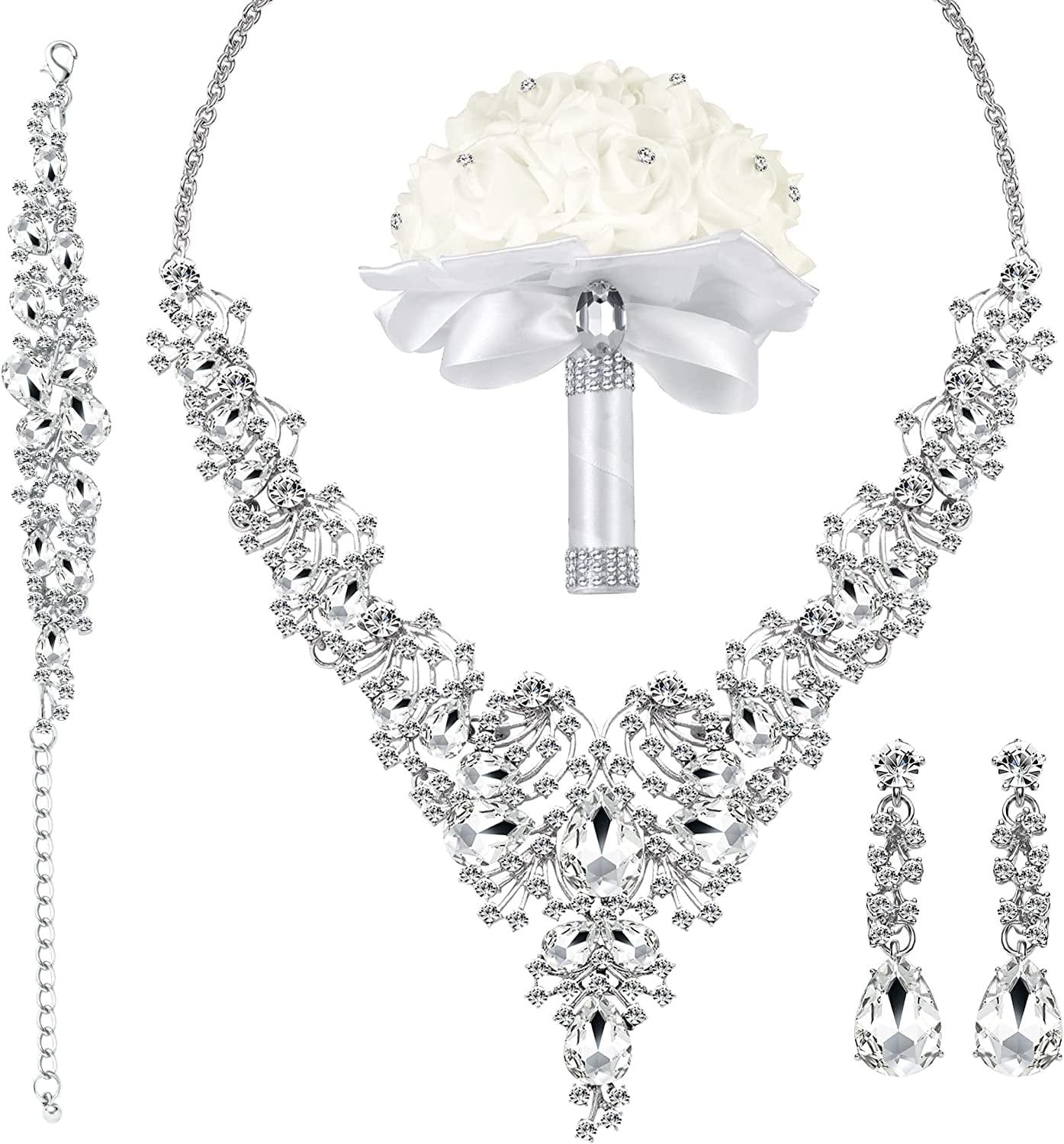 3/4 Pieces Women'S Jewelry Sets Rhinestone Crystal Bridal Tiara Crown Choker Necklace Link Bangle Bracelet Teardrop Dangle Earrings Set and Rhinestone Handbag for Wedding Party A-Silver Plated White Rhinestone Crystal Necklace Bracelet Earrings Bouquet