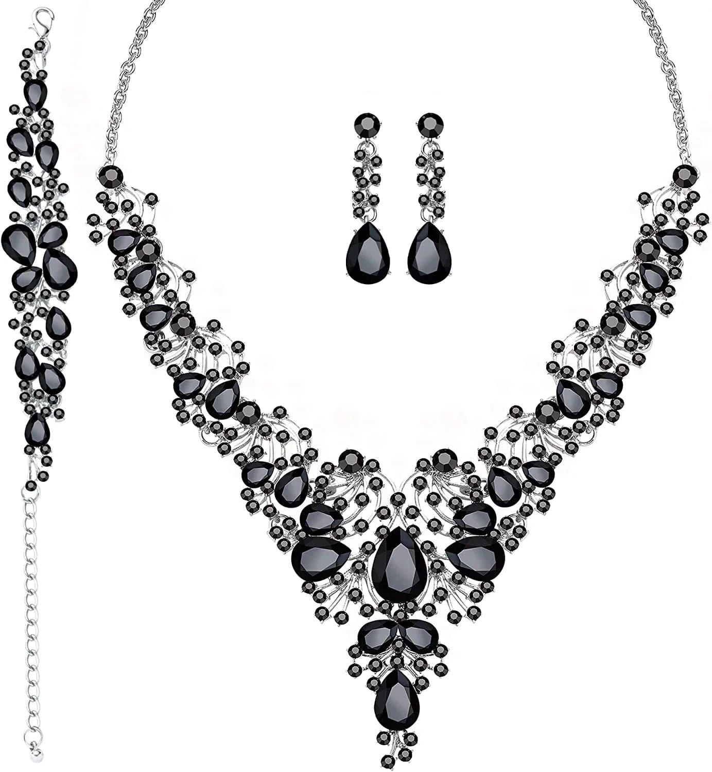 3/4 Pieces Women'S Jewelry Sets Rhinestone Crystal Bridal Tiara Crown Choker Necklace Link Bangle Bracelet Teardrop Dangle Earrings Set and Rhinestone Handbag for Wedding Party A-Silver Plated Black Rhinestone Crystal Necklace Bracelet Earrings