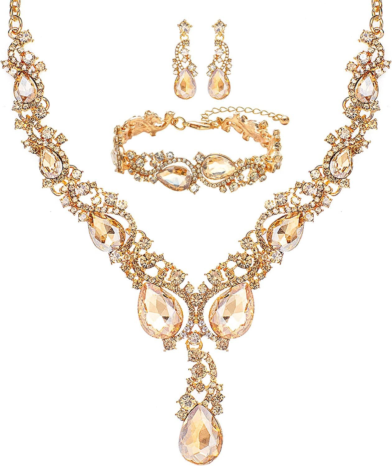 3/4 Pieces Women'S Jewelry Sets Rhinestone Crystal Bridal Tiara Crown Choker Necklace Link Bangle Bracelet Teardrop Dangle Earrings Set and Rhinestone Handbag for Wedding Party Gold Plated Champagne Necklace Bracelet Earrings Set