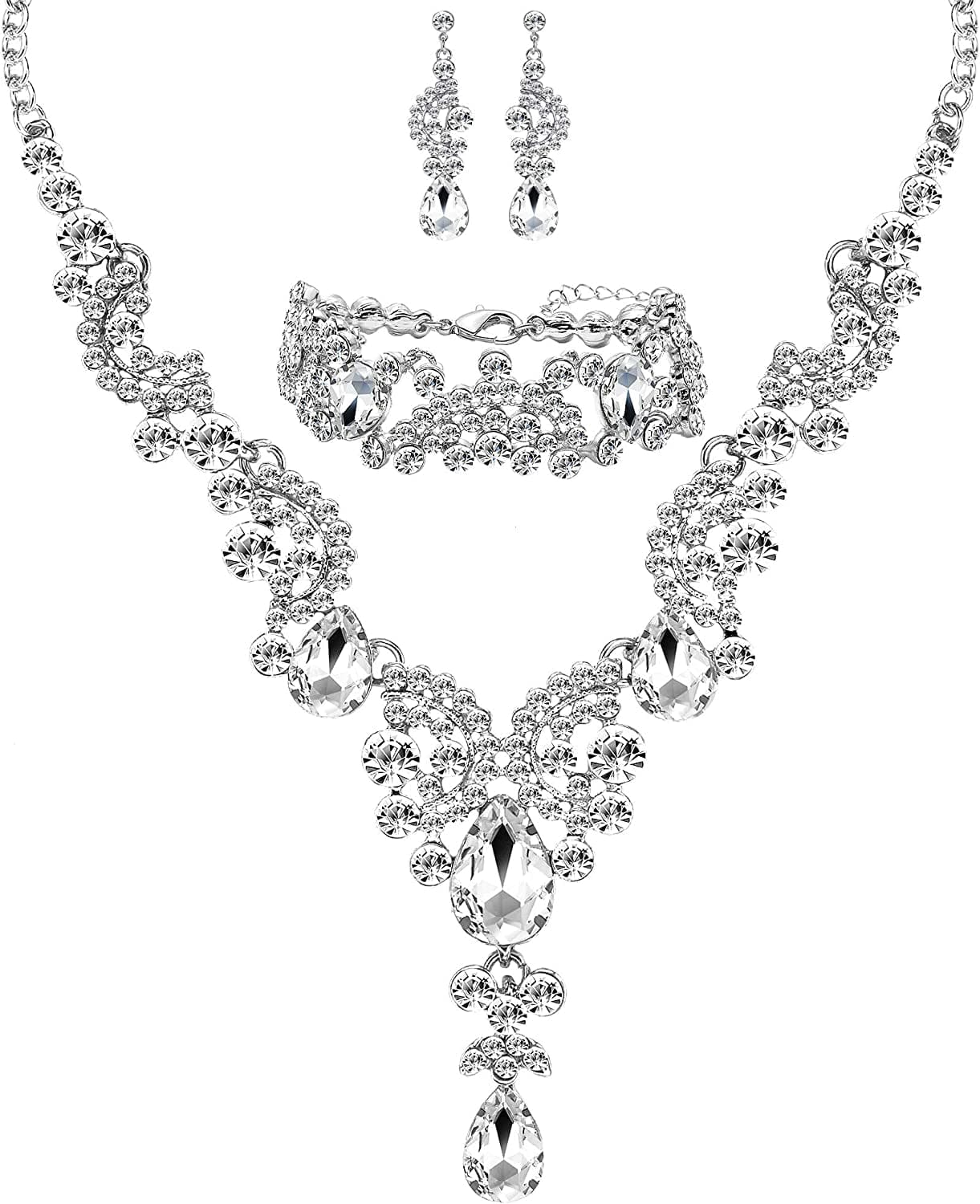 3/4 Pieces Women'S Jewelry Sets Rhinestone Crystal Bridal Tiara Crown Choker Necklace Link Bangle Bracelet Teardrop Dangle Earrings Set and Rhinestone Handbag for Wedding Party Silver Plated Necklace Bracelet Earrings set