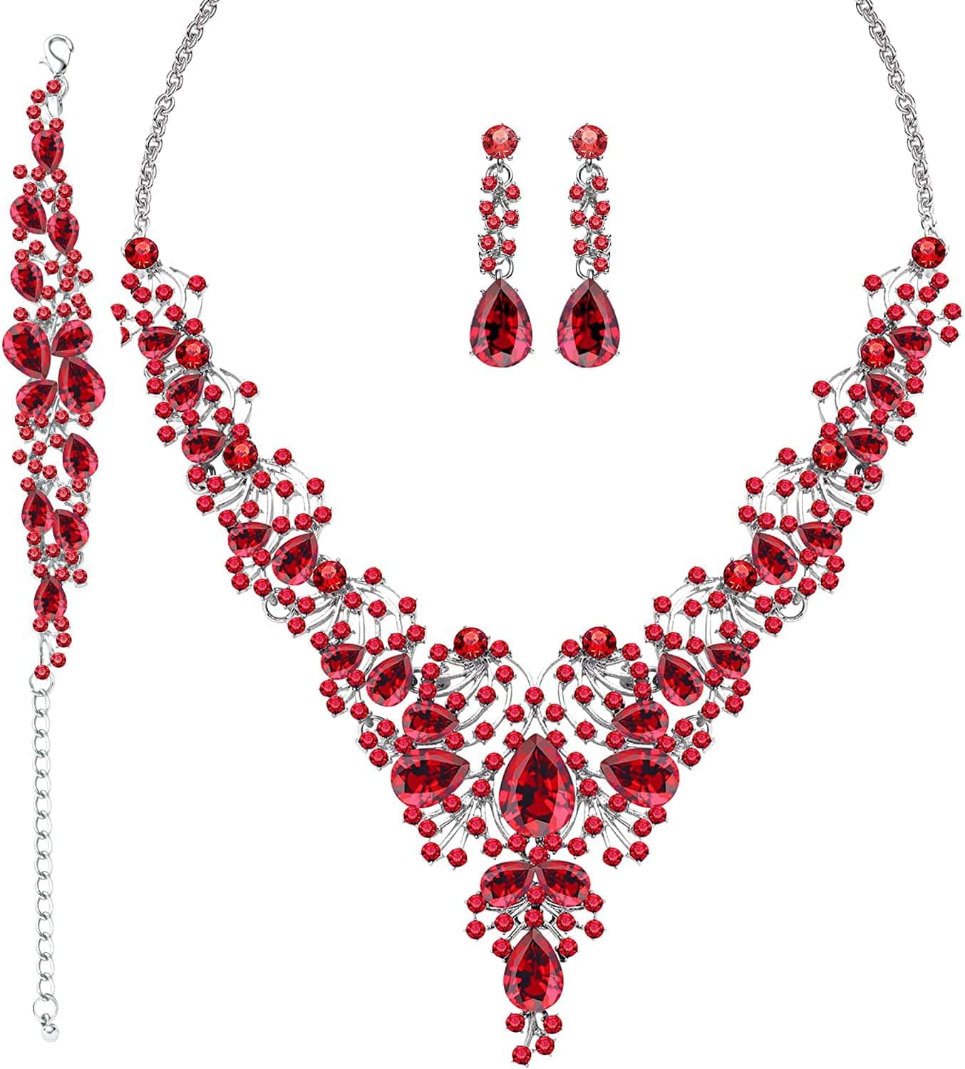 3/4 Pieces Women'S Jewelry Sets Rhinestone Crystal Bridal Tiara Crown Choker Necklace Link Bangle Bracelet Teardrop Dangle Earrings Set and Rhinestone Handbag for Wedding Party A-Silver Plated Red Rhinestone Crystal Necklace Bracelet Earrings
