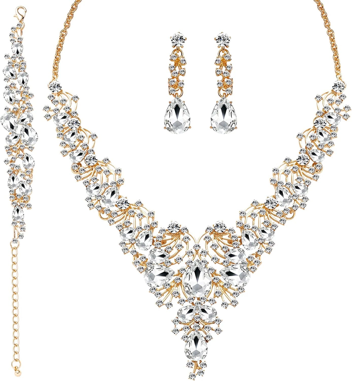 3/4 Pieces Women'S Jewelry Sets Rhinestone Crystal Bridal Tiara Crown Choker Necklace Link Bangle Bracelet Teardrop Dangle Earrings Set and Rhinestone Handbag for Wedding Party A-Gold Plated White Rhinestone Crystal Necklace Bracelet Earrings