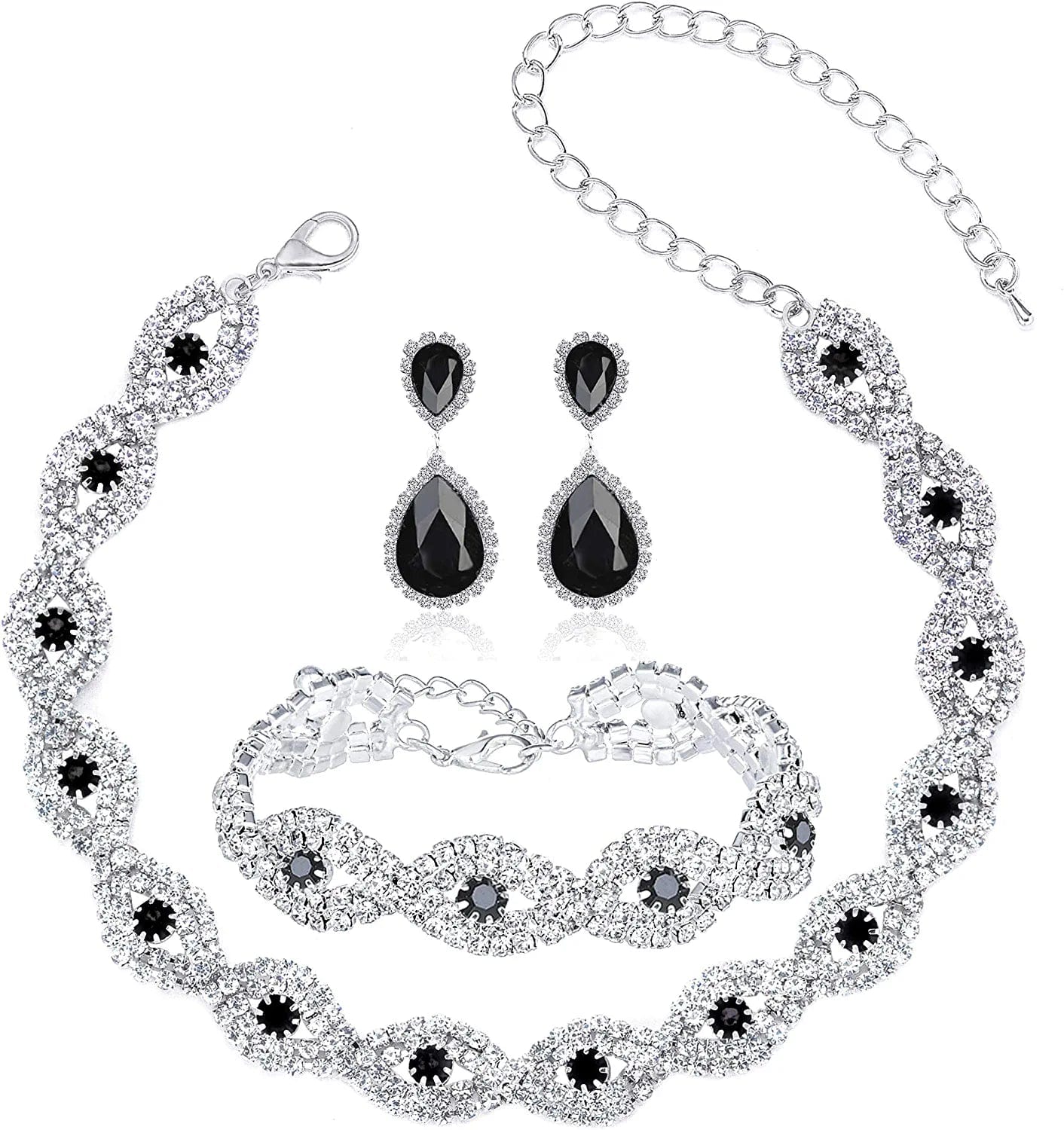 3/4 Pieces Women'S Jewelry Sets Rhinestone Crystal Bridal Tiara Crown Choker Necklace Link Bangle Bracelet Teardrop Dangle Earrings Set and Rhinestone Handbag for Wedding Party Silver:Bracelet+Choker Necklace+Earrings set