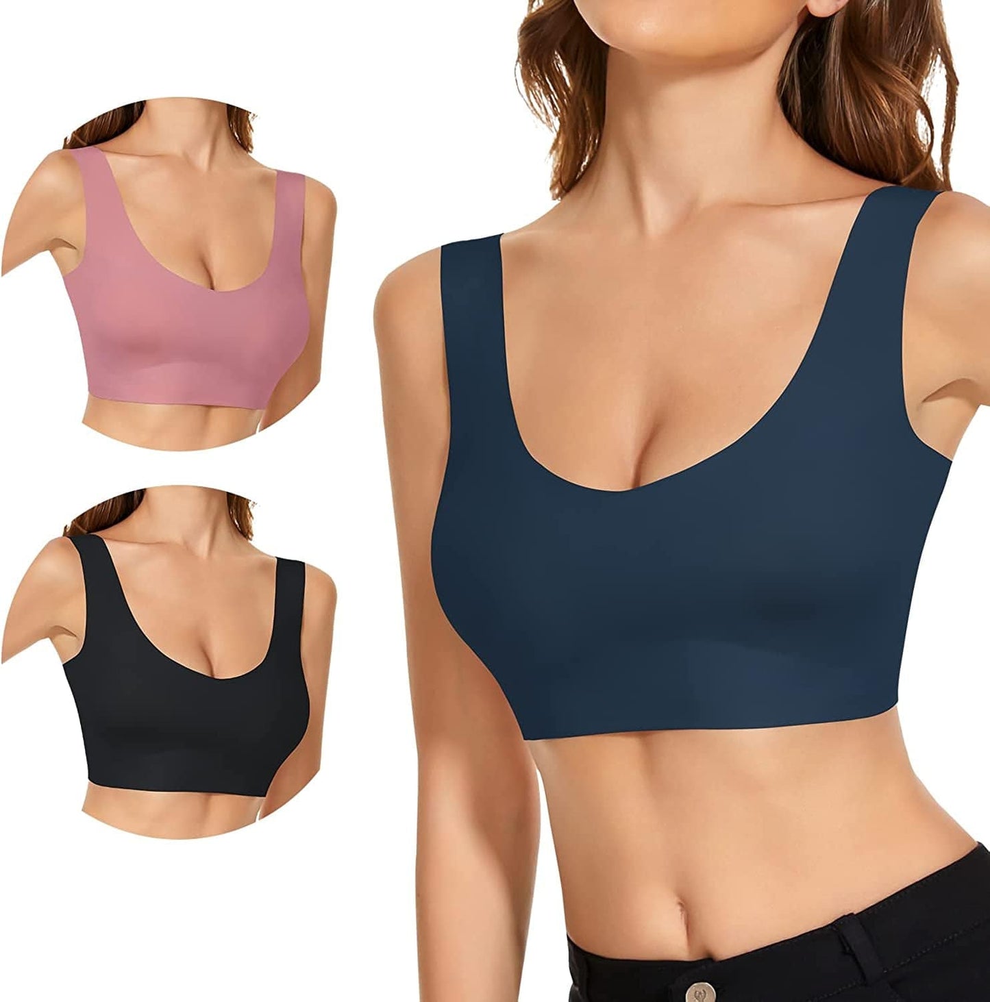 3 Pack Comfort Wirless Bras for Women Seamless Bralettes Lightly Lined Tank Top Support Sports Bra 3 Pack Black Navy Pink / Medium